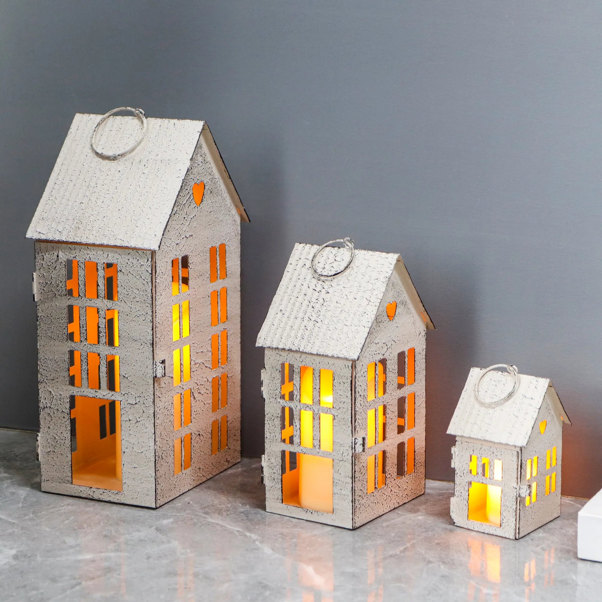 13.5"&9.5"&5.5"H Village Farmhouse House Candle Holders for Home Decor Patio Wedding-3