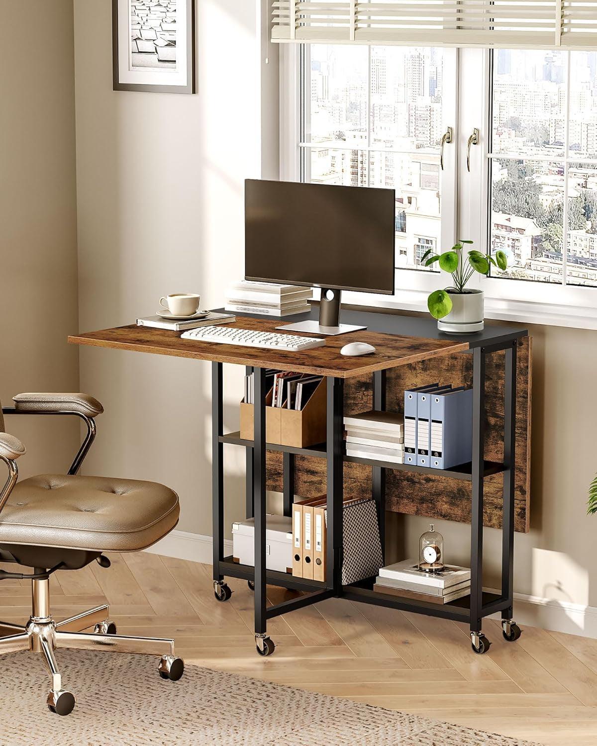 Rustic Brown Expandable Folding Dining Table With 6 Wheels