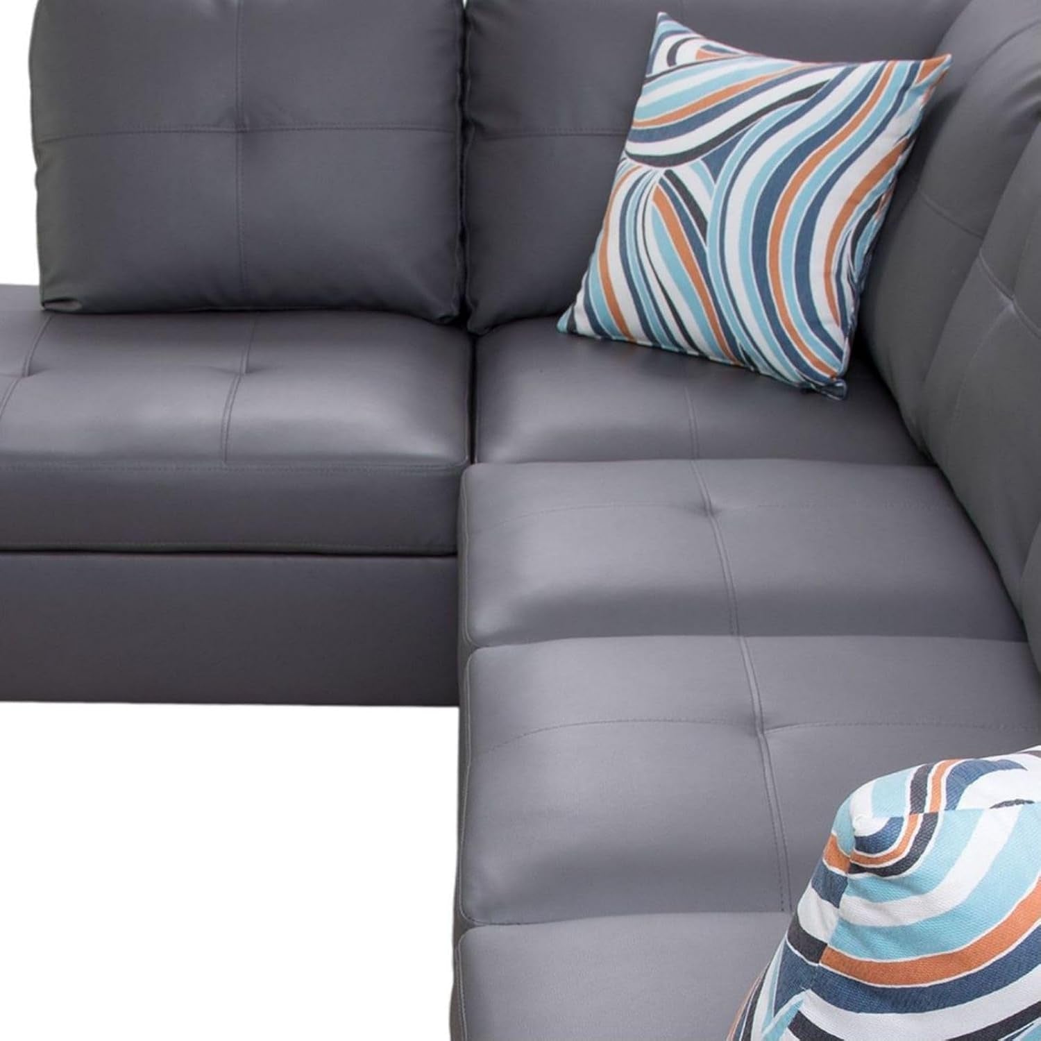 Dark Grey L Shaped PU Leather Sofa With Storage Ottoman