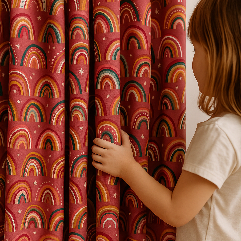Rainbow Dreams Cotton Kids Curtains – Berry-Pink Bedroom Drapes, Light-Filtering or 100 % Blackout | Made to Measure-0