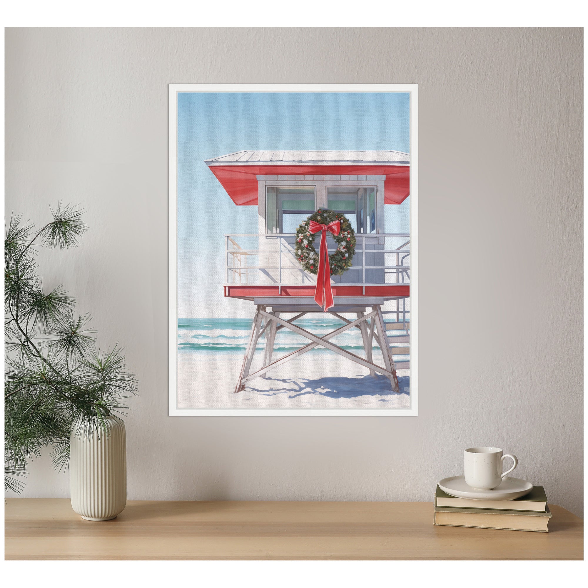 Sylvie Framed Canvas Holiday Wreath Beach Lifeguard Tower by The Creative Bunch Studio