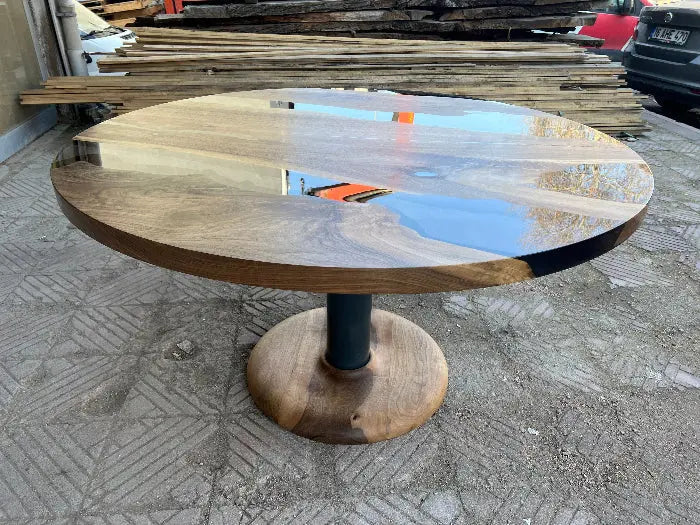 Custom Round Epoxy Resin Walnut Dining - Kitchen Table With Wood Base