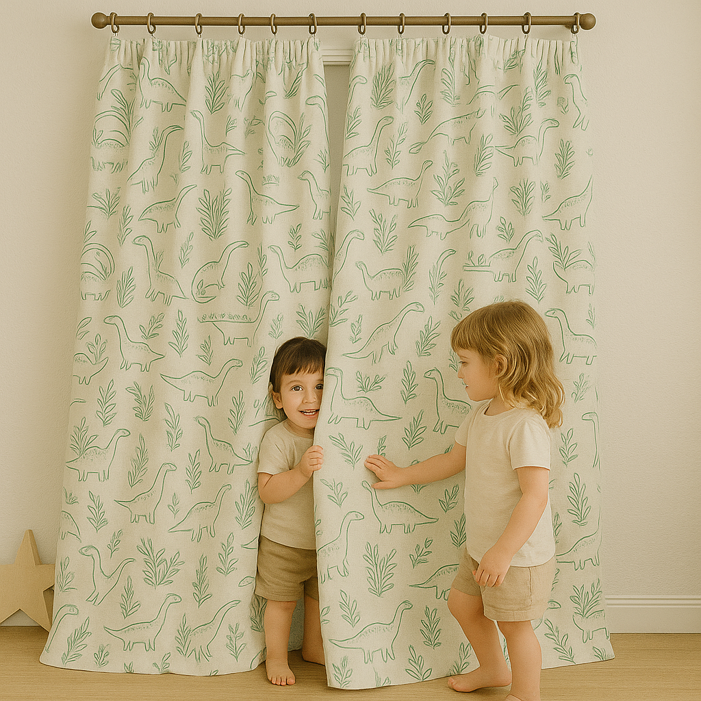 Dinosaur Print Linen Curtains for Kids Room – Custom Sizes – Light Filtering or 100% Blackout Lining Options-4