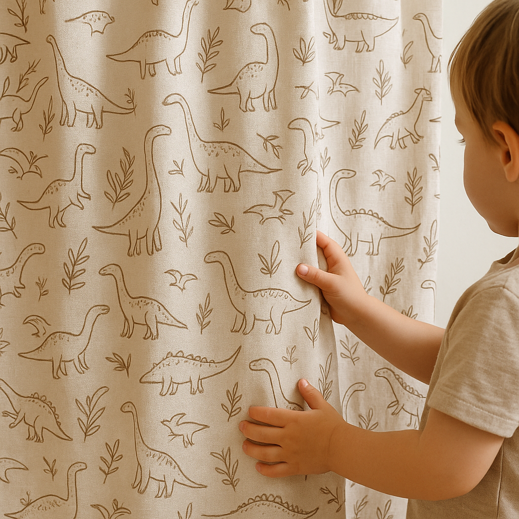 Dinosaur Print Linen Curtains for Kids Room – Custom Sizes – Light Filtering or 100% Blackout Lining Options-0