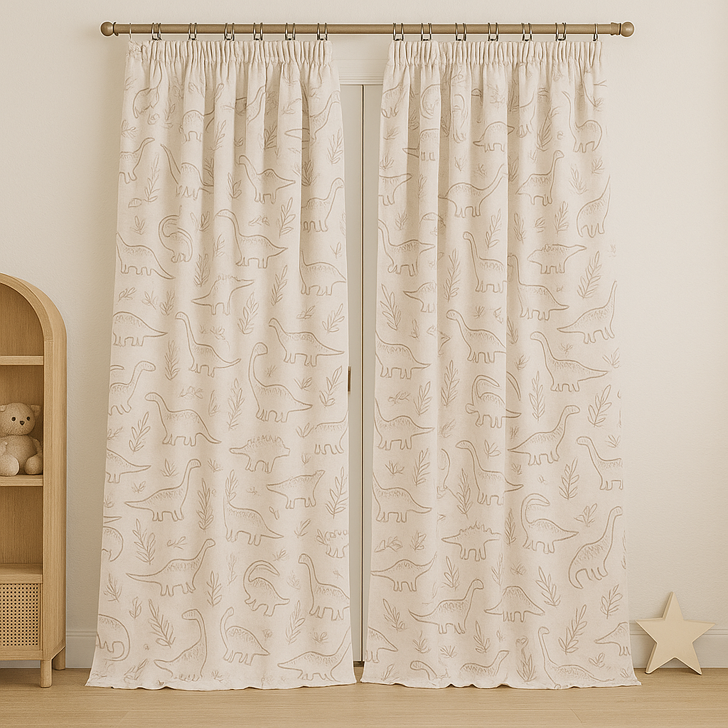 Dinosaur Print Linen Curtains for Kids Room – Custom Sizes – Light Filtering or 100% Blackout Lining Options-1