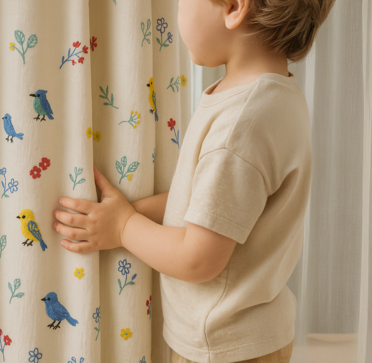 Embroidered Birds and Flowers Linen Curtains - Custom Sizes - Single or Pair - Light Filtering or 100% Blackout Liner - Rod & Track Compatible - OEKO-TEX® Certified-0
