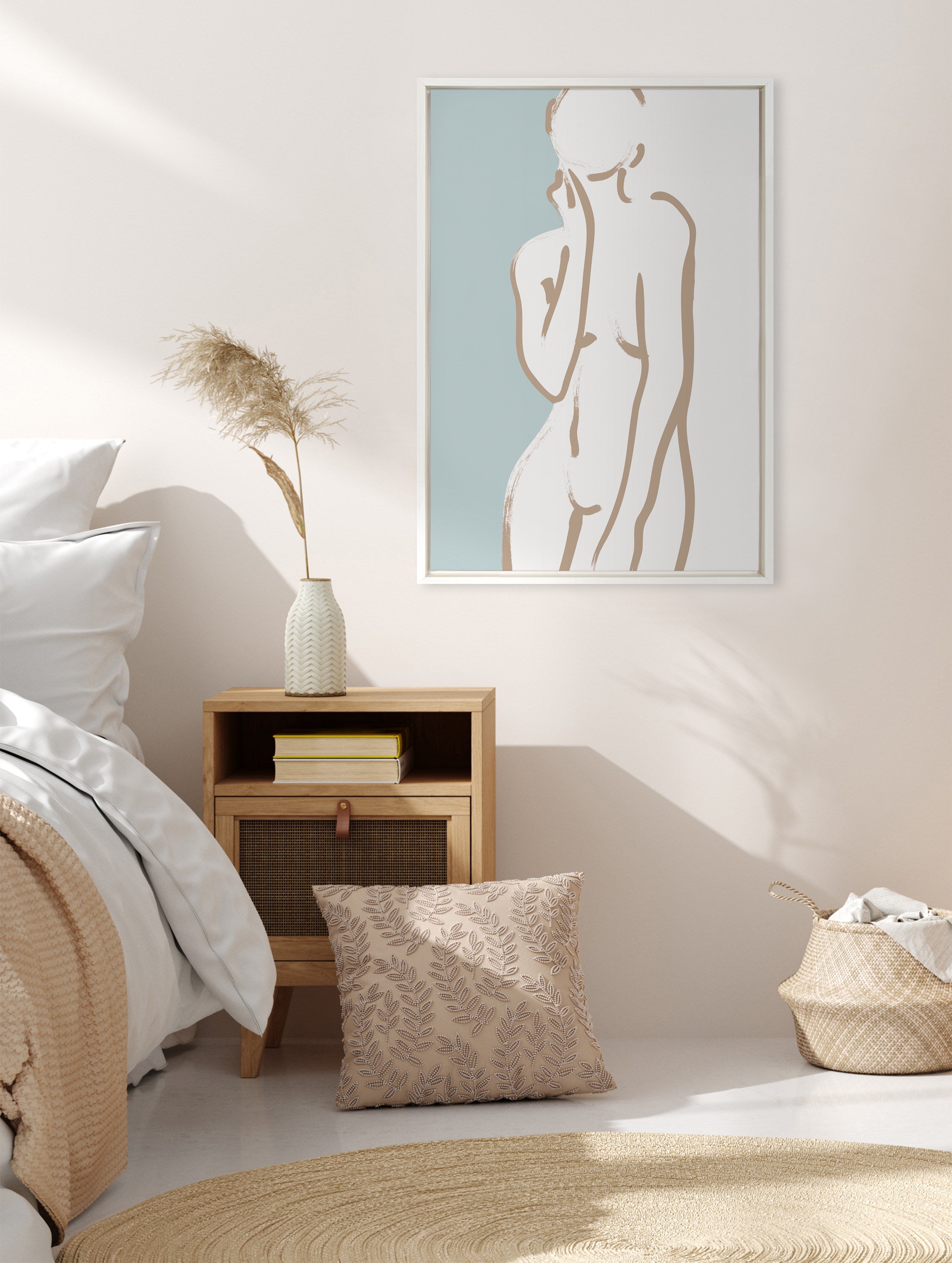 Sylvie Simple Romantic Line Art Drawing 2 Tan and Teal Framed Canvas by The Creative Bunch Studio