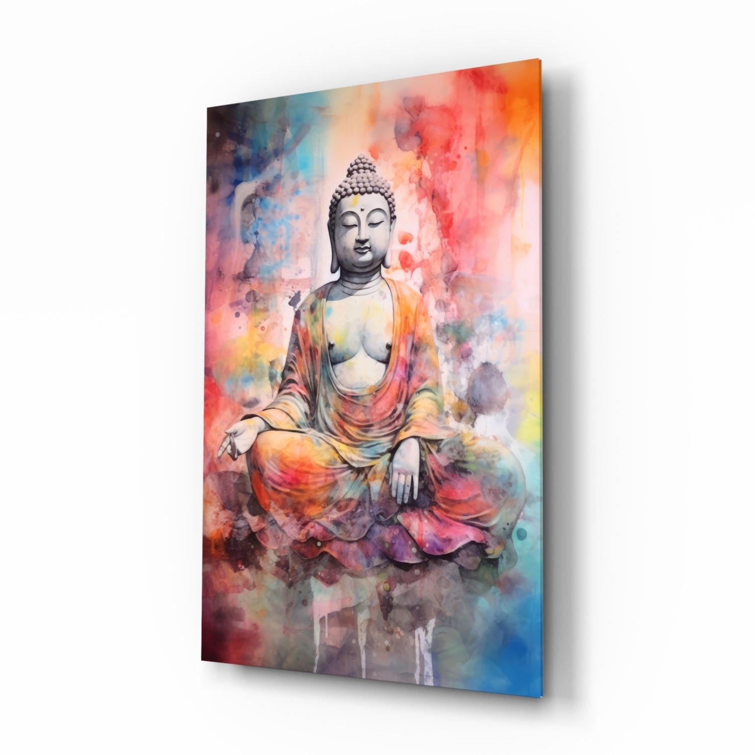 Watercolor Splash Meditating Buddha Glass Wall Art