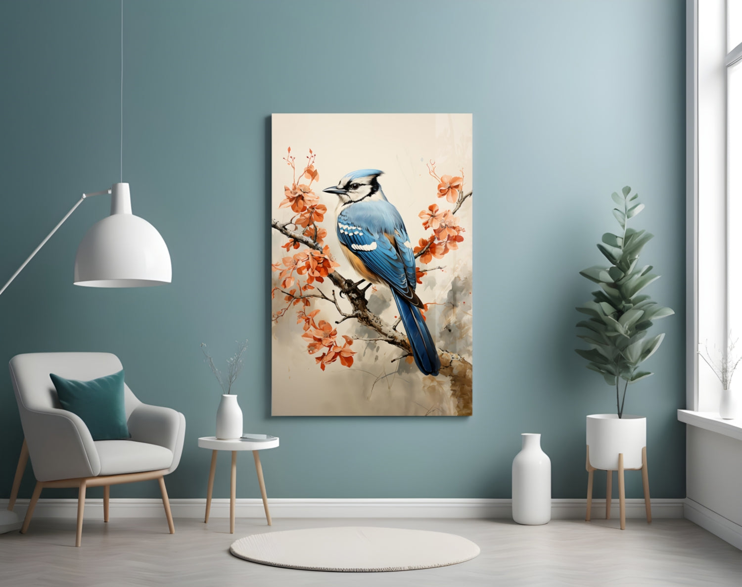 Blue Bird on Coral Blossom Branch Glass Wall Art