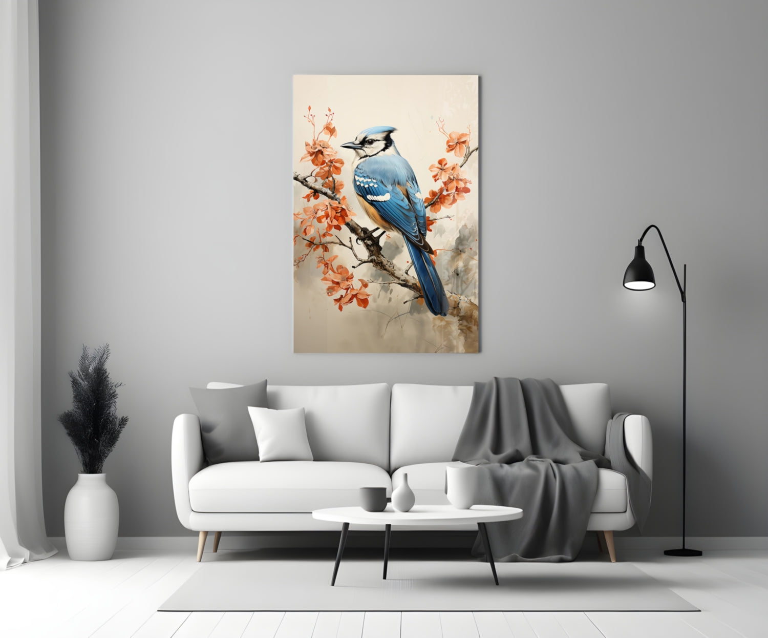 Blue Bird on Coral Blossom Branch Glass Wall Art