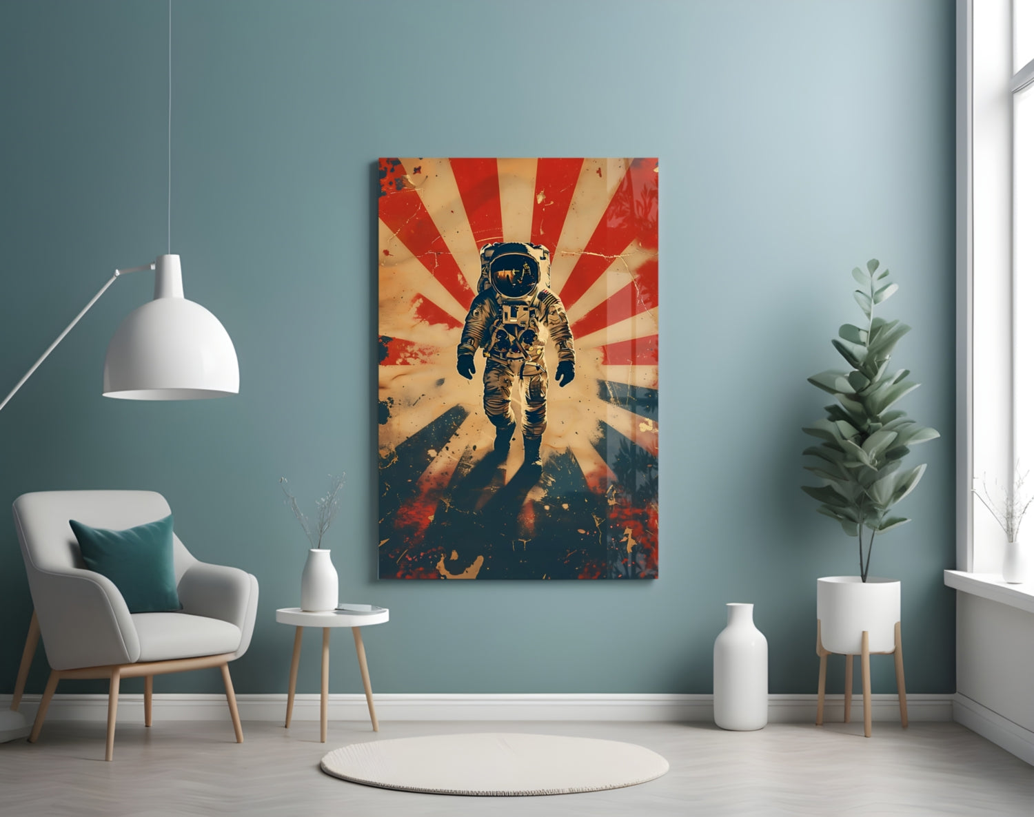 Retro Sun Rays Astronaut Glass Wall Art