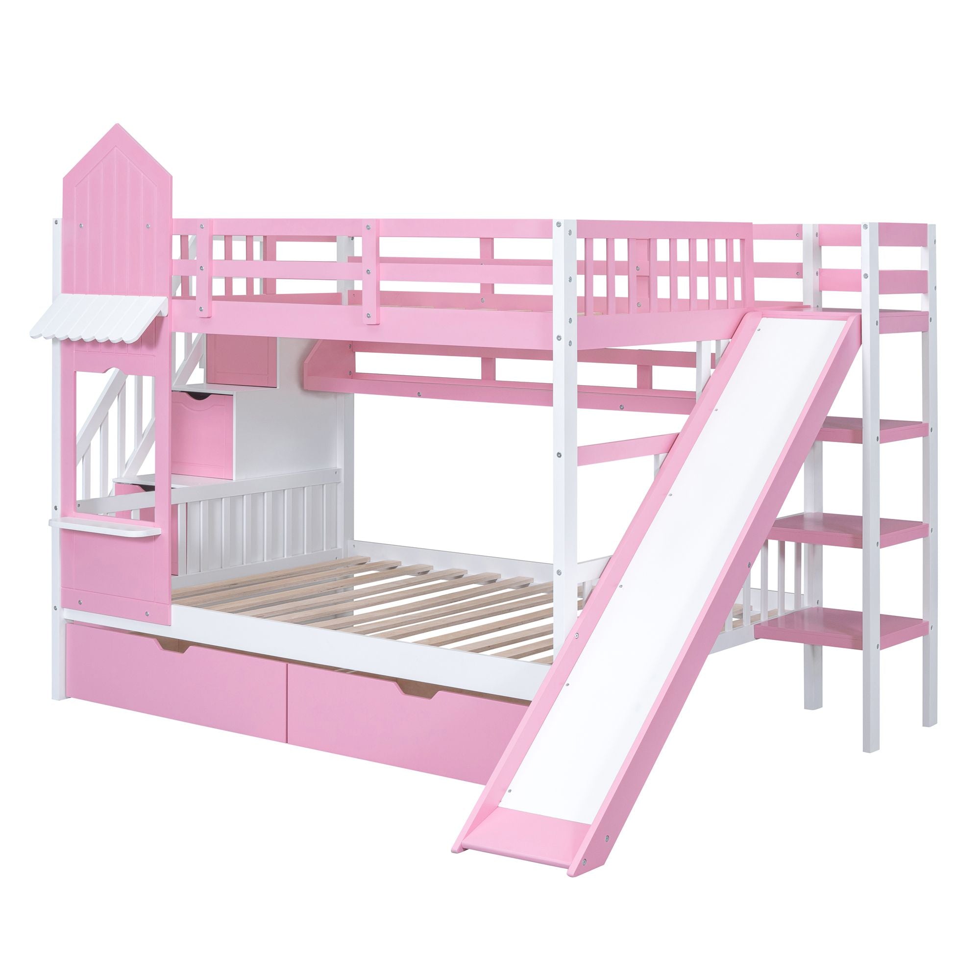 Full Bunk Bed with Slide & 2 Drawers - Pink - Just Better Bunk Beds