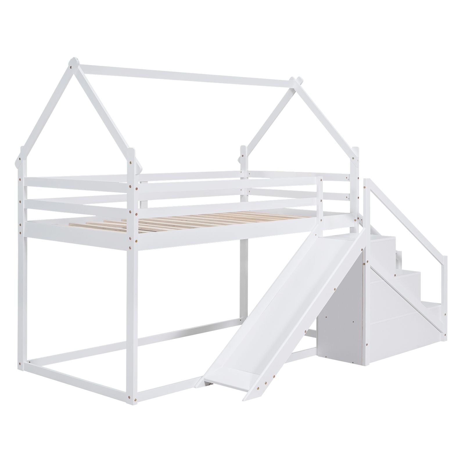 Kids Bedroom Twin Over Twin Wood House Loft Bed with Slide and Staircase, White | Just Better Bunk Beds