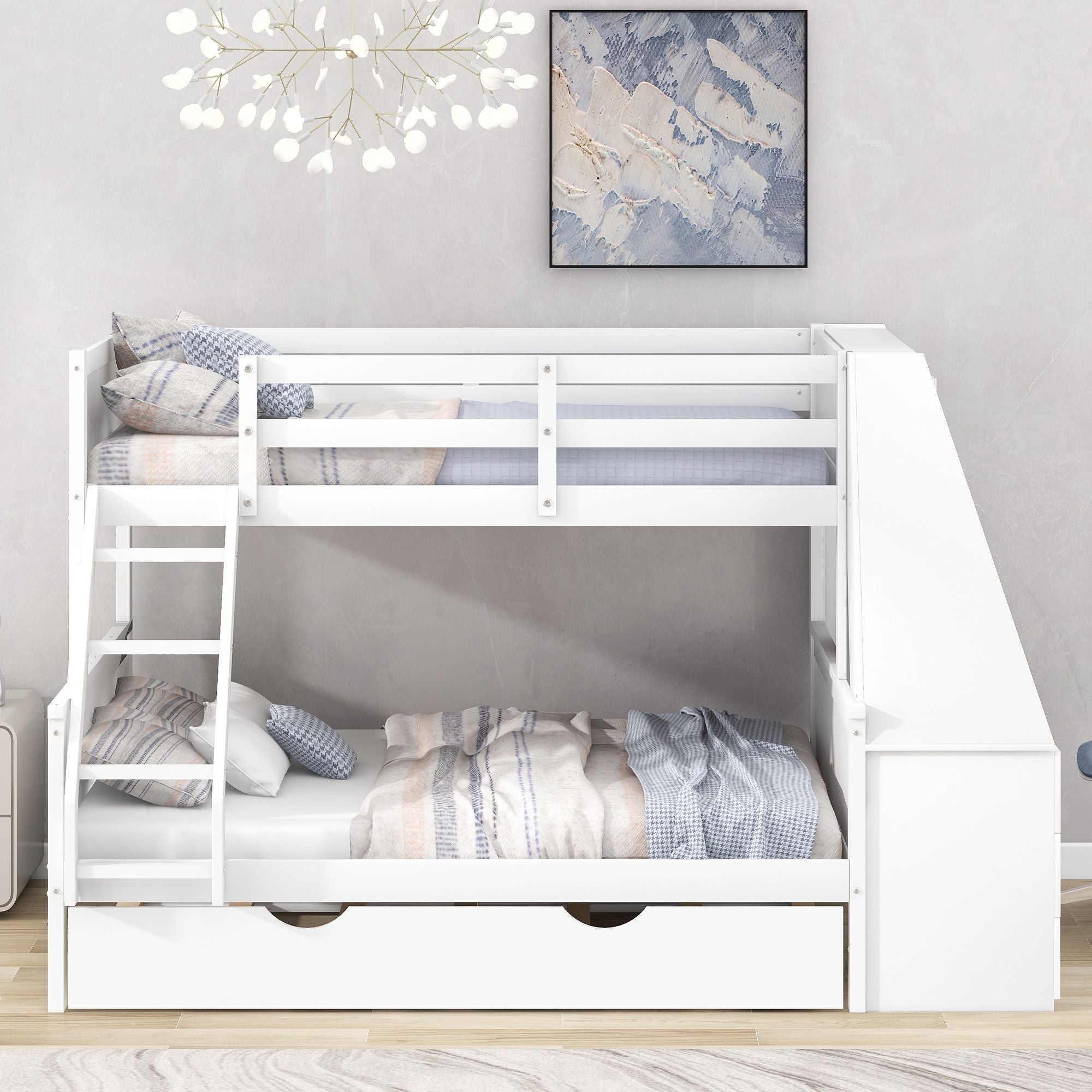 Twin over Full Bunk Bed with Trundle and Built-in Desk; Three Storage Drawers and Shelf