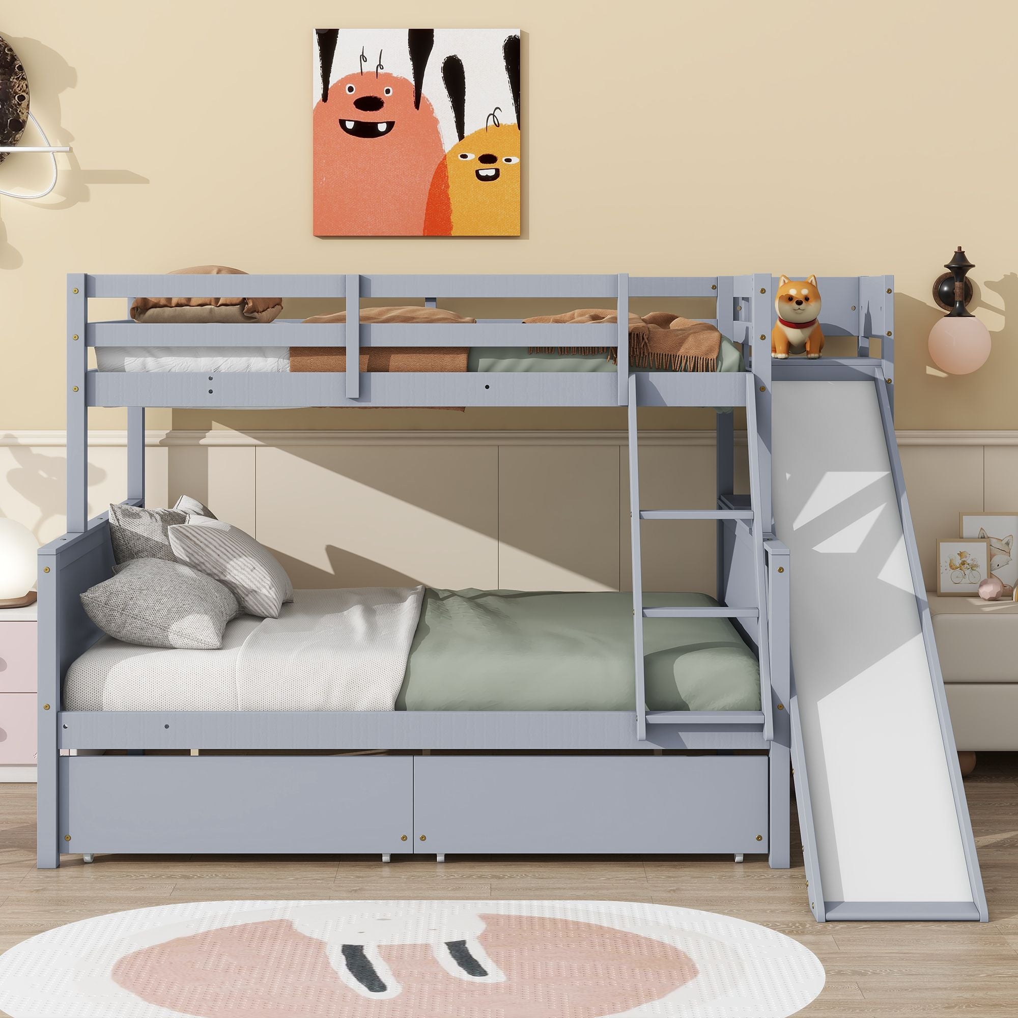 Twin Over Full Wood Bunk Bed with Slide, Ladder & 2 Drawers - Gray - Just Better Bunk Beds