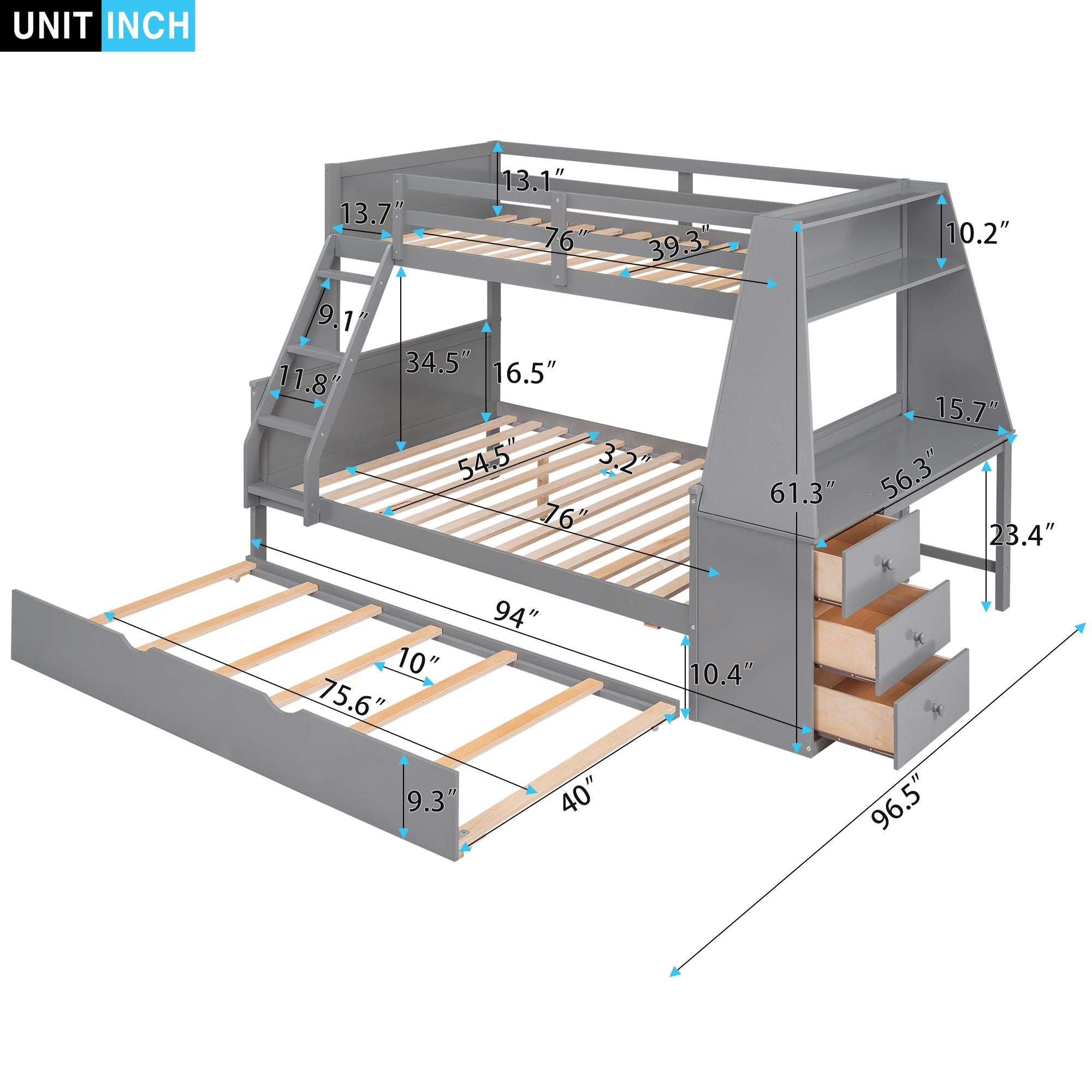 Twin over Full Bunk Bed with Trundle and Built-in Desk; Three Storage Drawers and Shelf