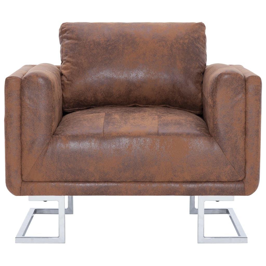 Cube Armchair Brown Faux Suede Leather - PRHOMZ
