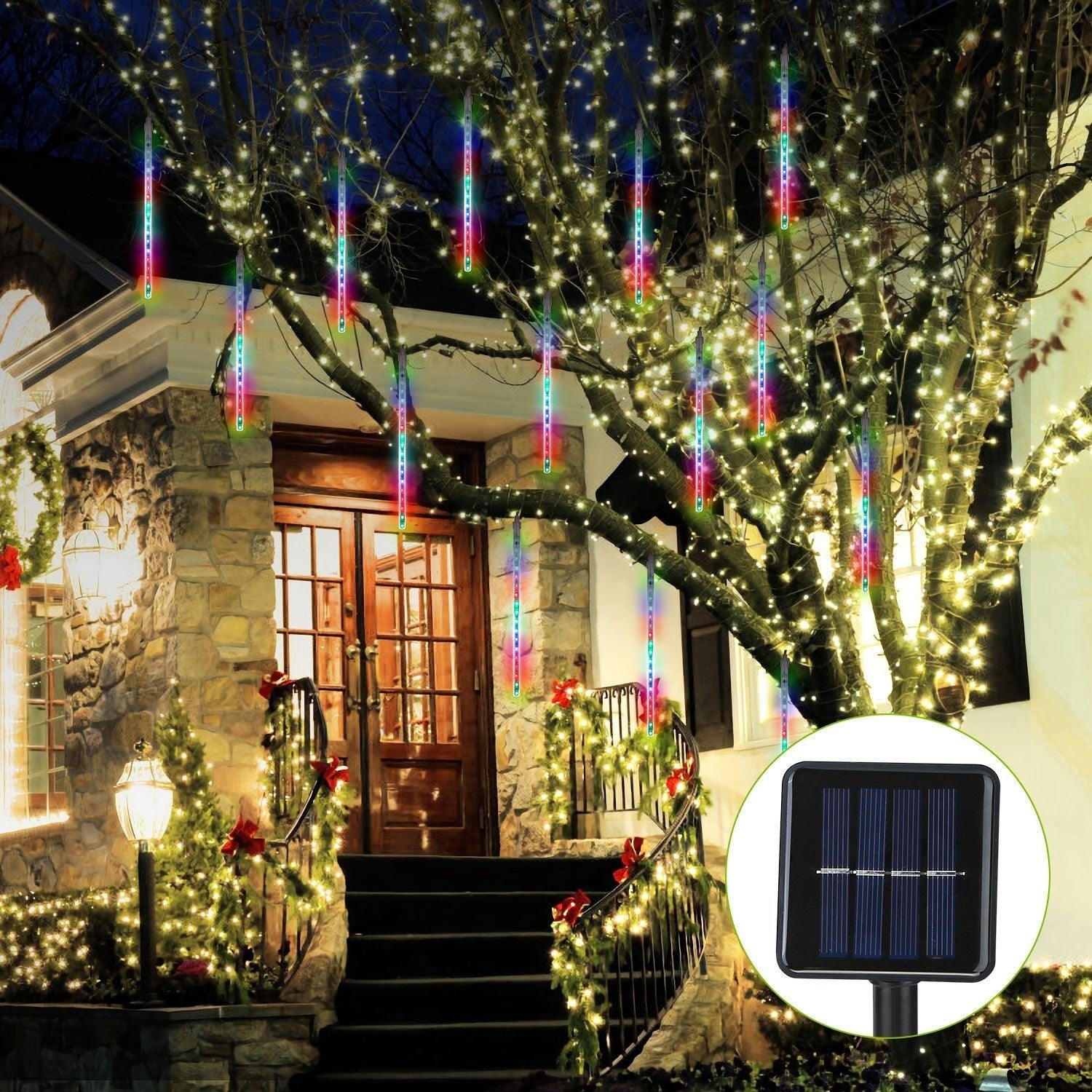 8 Pcs Solar Powered Meteor Shower String Lights 9.84FT Falling Raindrop Tube - PRHOMZ