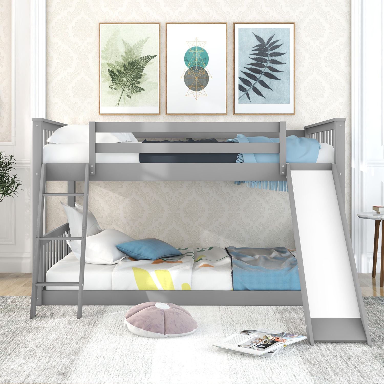 Full Over Full Bunk Bed with Slide & Ladder - Gray - Just Better Bunk Beds