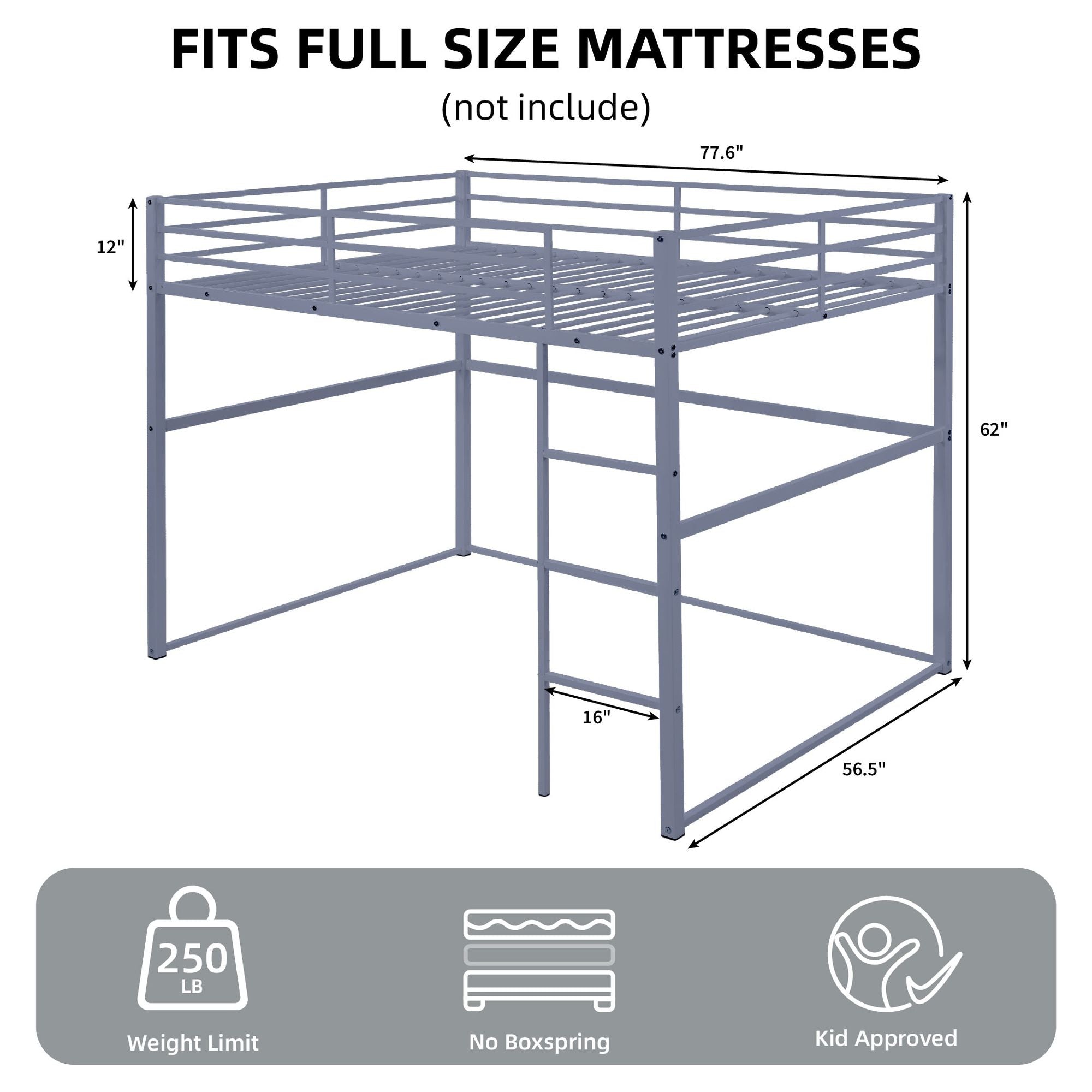 Heavy-Duty Full Metal Loft Bed with Guard Rails and Ladder, Gray | Just Better Bunk Beds