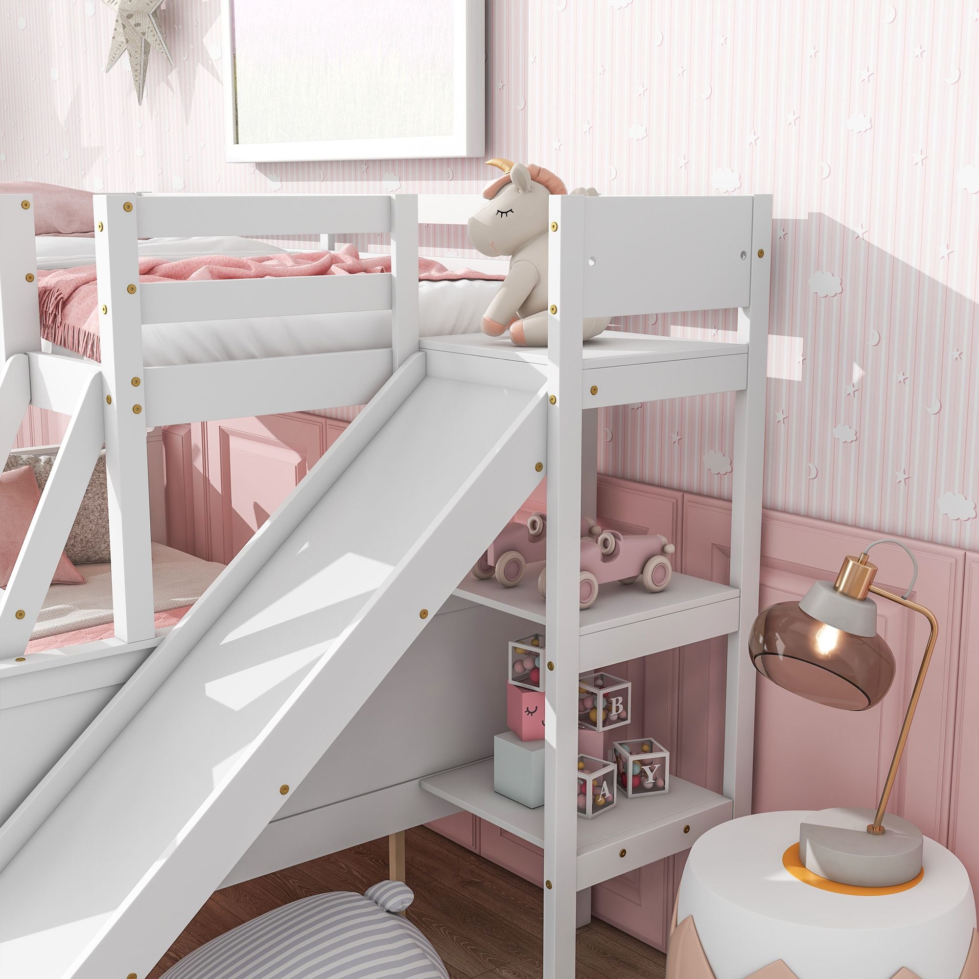 Twin Over Full Wood Bunk Bed with Slide, Ladder & 2 Drawers - Gray - Just Better Bunk Beds