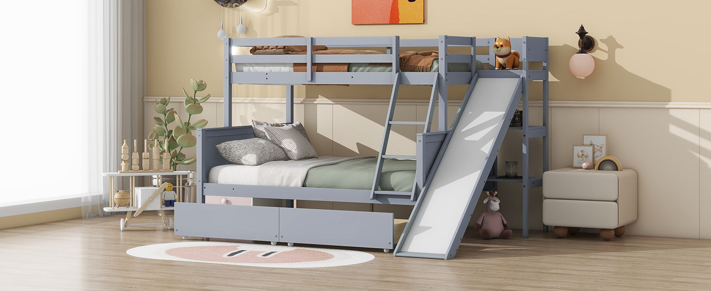 Twin Over Full Wood Bunk Bed with Slide, Ladder & 2 Drawers - Gray - Just Better Bunk Beds