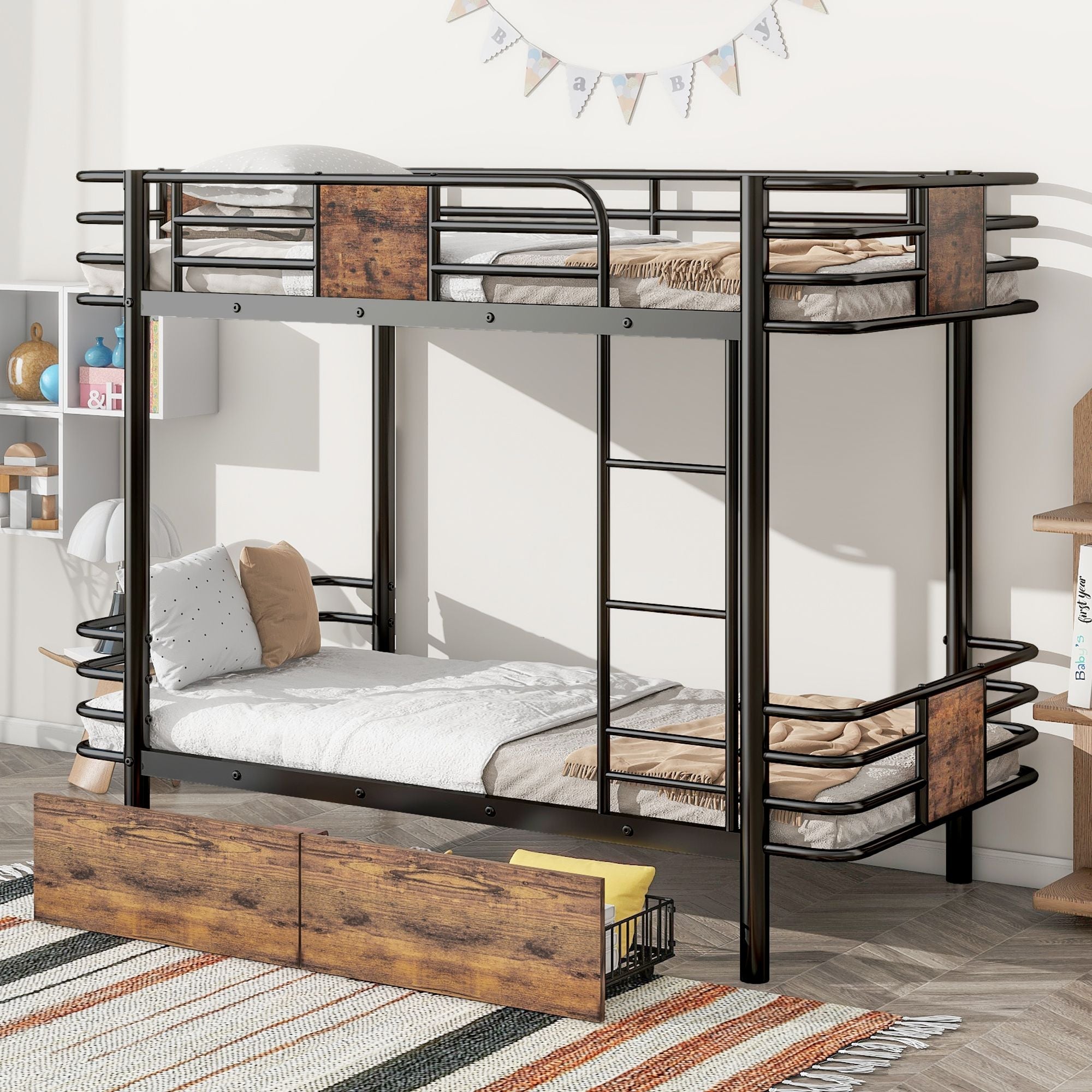 Twin XL Metal Bunk Bed with 2 Drawers - Black - Just Better Bunk Beds