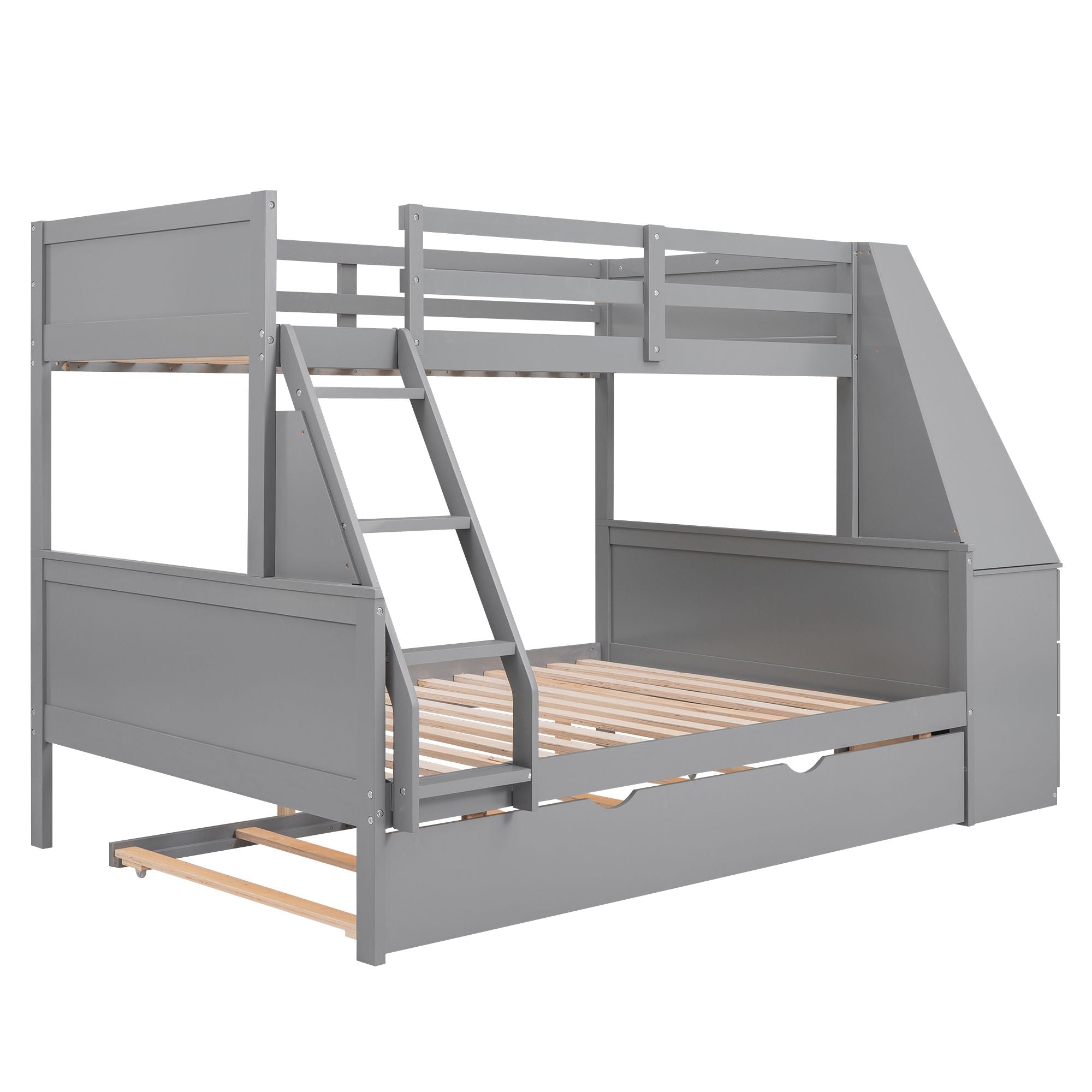 Twin over Full Bunk Bed with Trundle and Built-in Desk; Three Storage Drawers and Shelf
