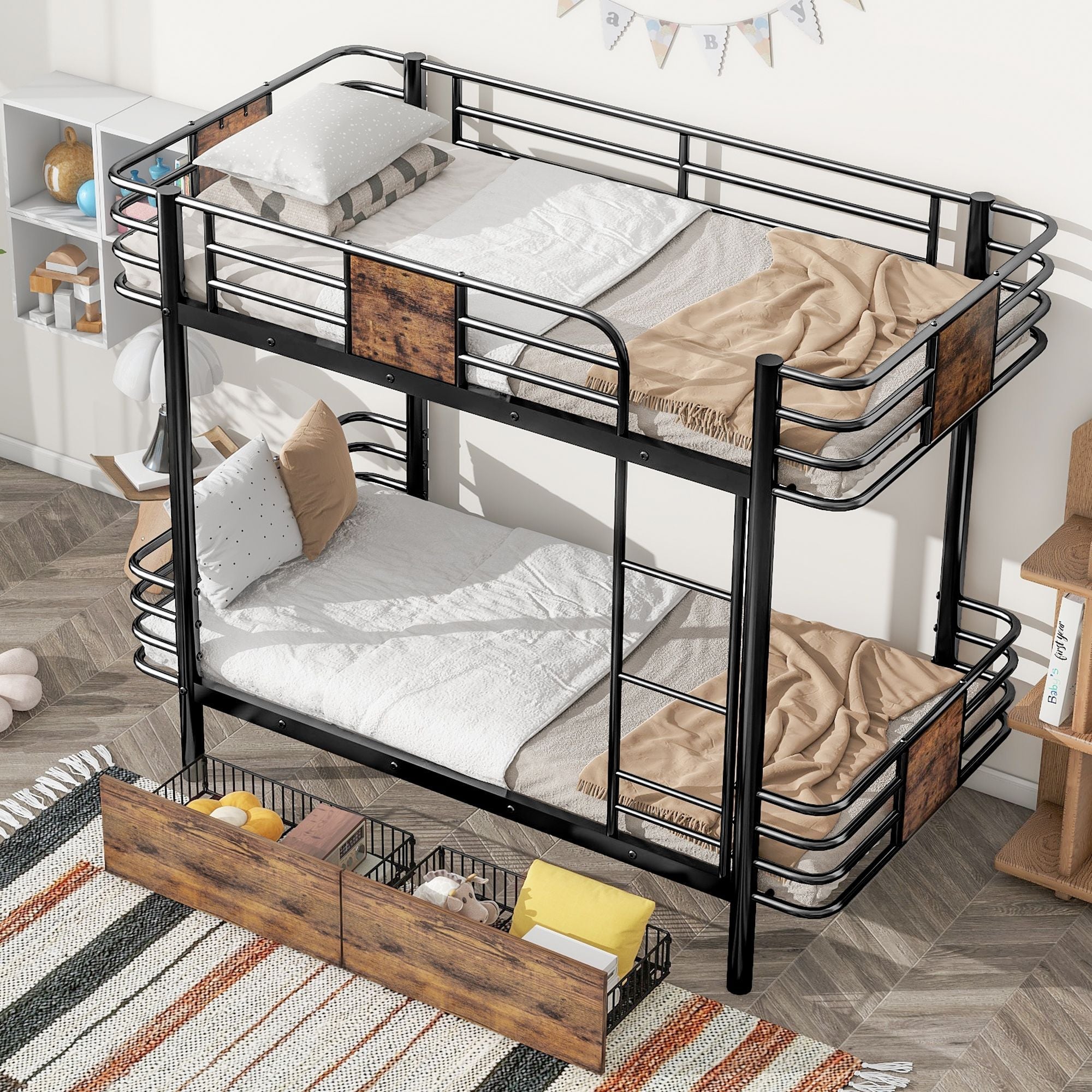 Twin XL Metal Bunk Bed with 2 Drawers - Black - Just Better Bunk Beds
