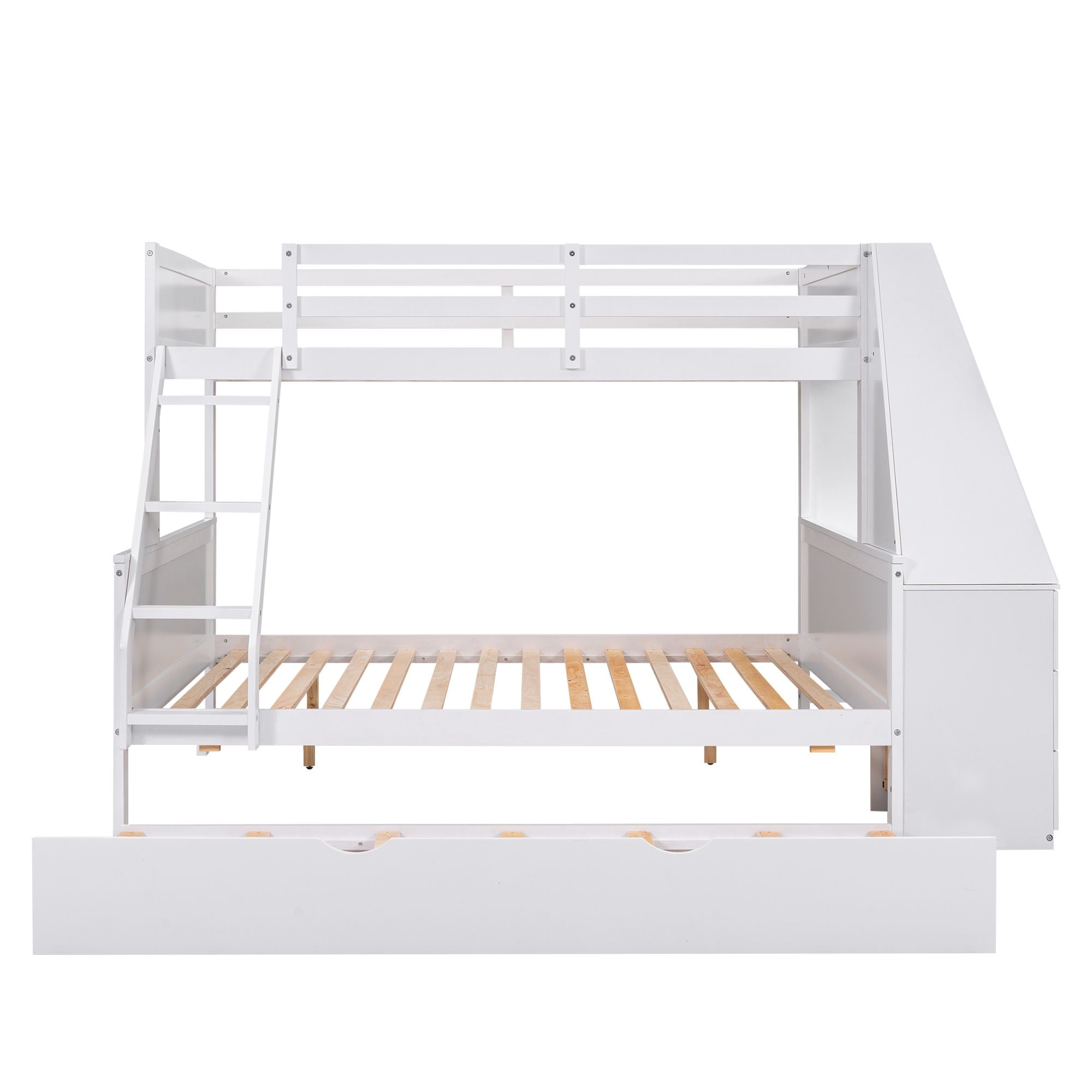 Twin over Full Bunk Bed with Trundle and Built-in Desk; Three Storage Drawers and Shelf