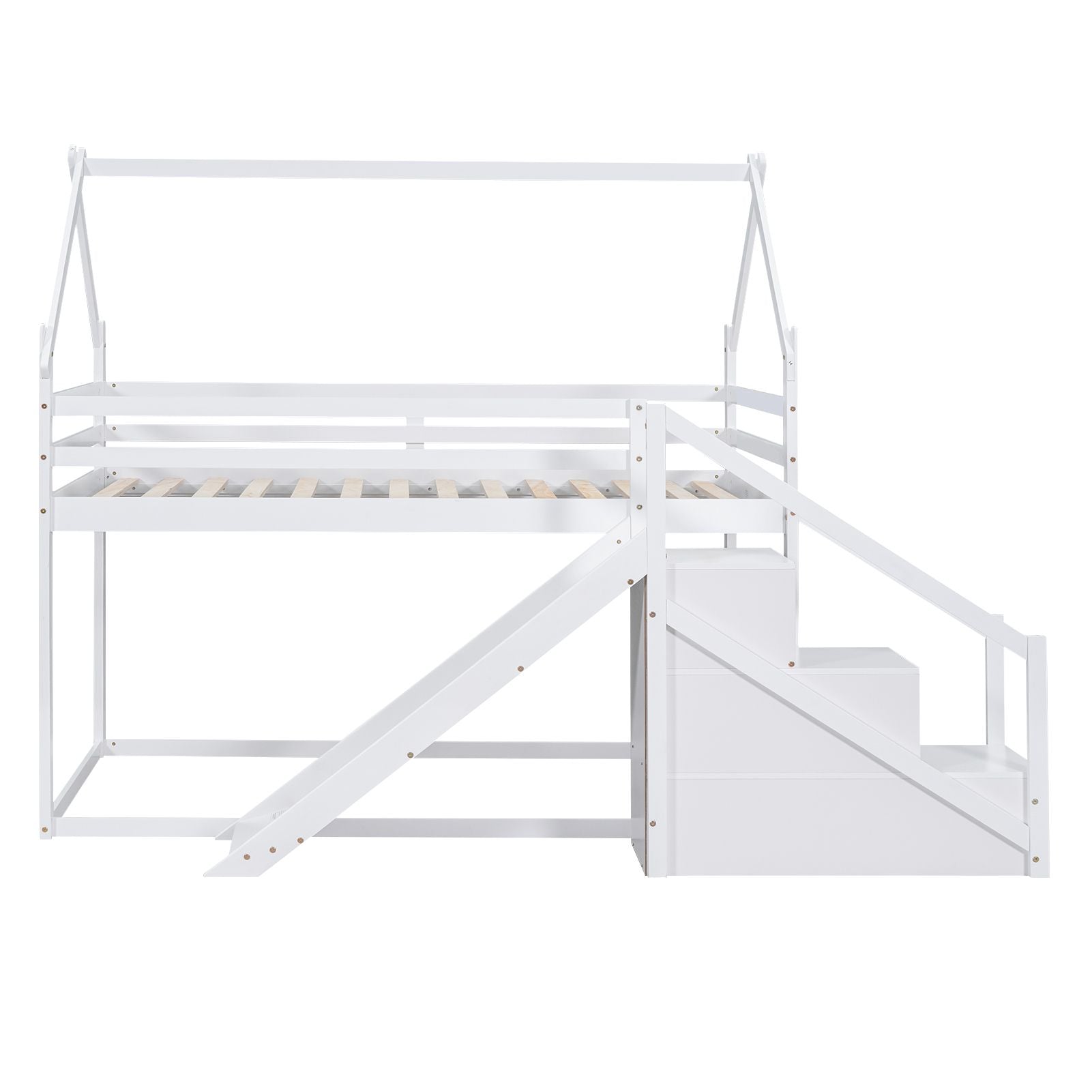 Kids Bedroom Twin Over Twin Wood House Loft Bed with Slide and Staircase, White | Just Better Bunk Beds