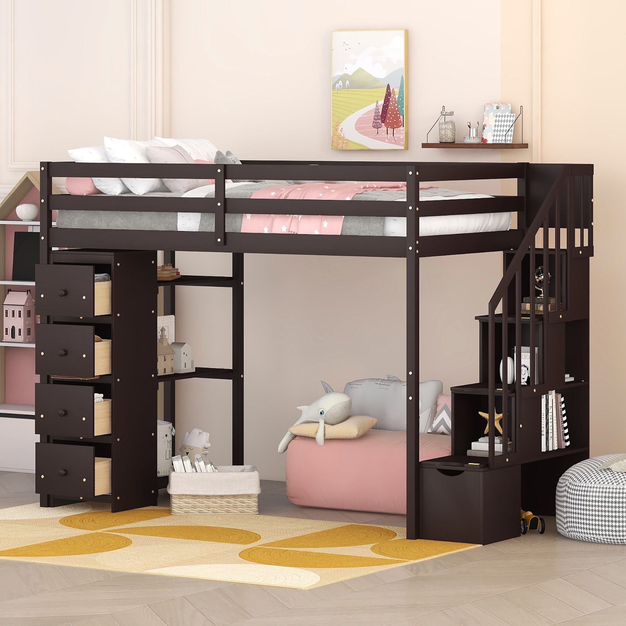 Twin Wood Loft Bed with Storage Stairs - Just Better Bunk Beds