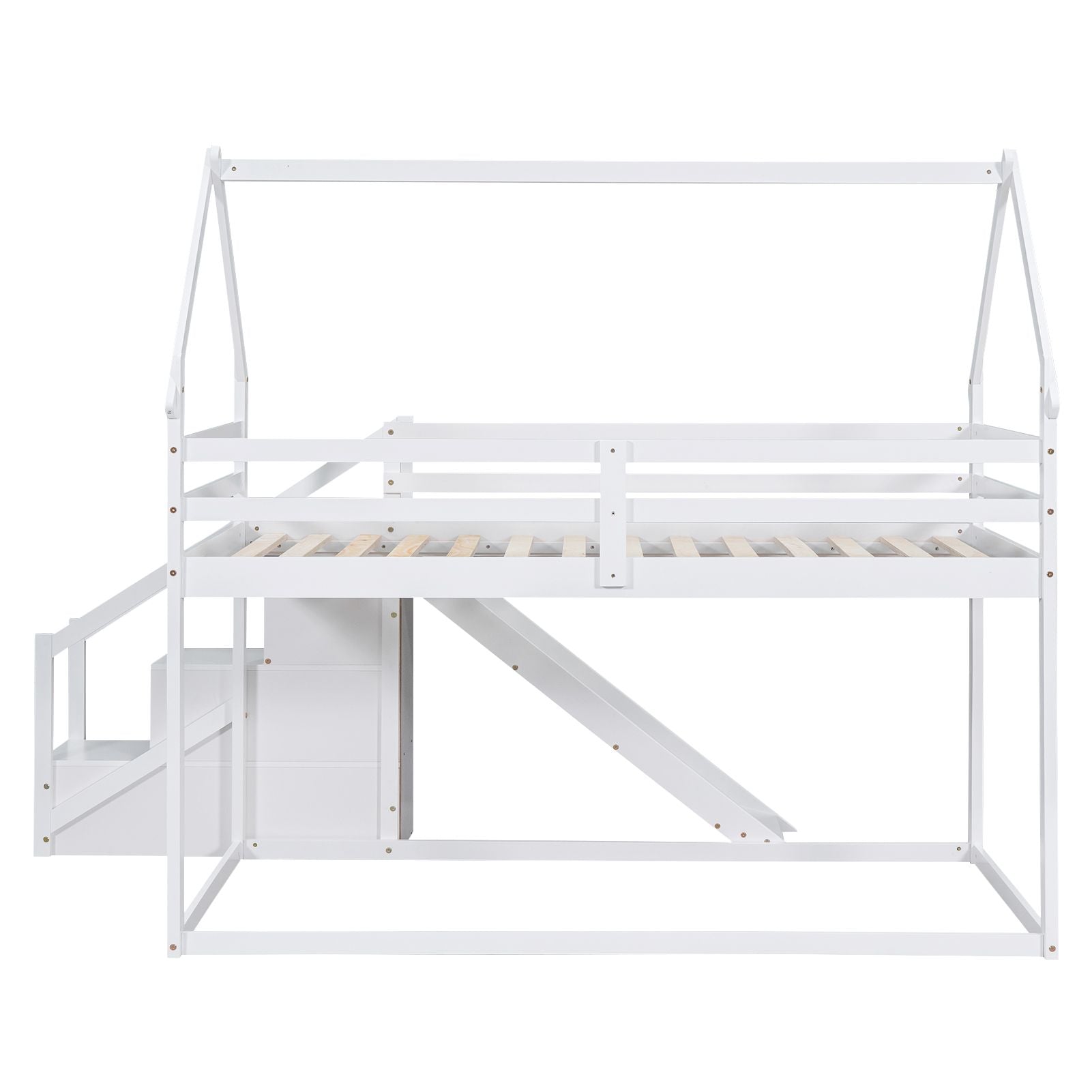 Kids Bedroom Twin Over Twin Wood House Loft Bed with Slide and Staircase, White | Just Better Bunk Beds