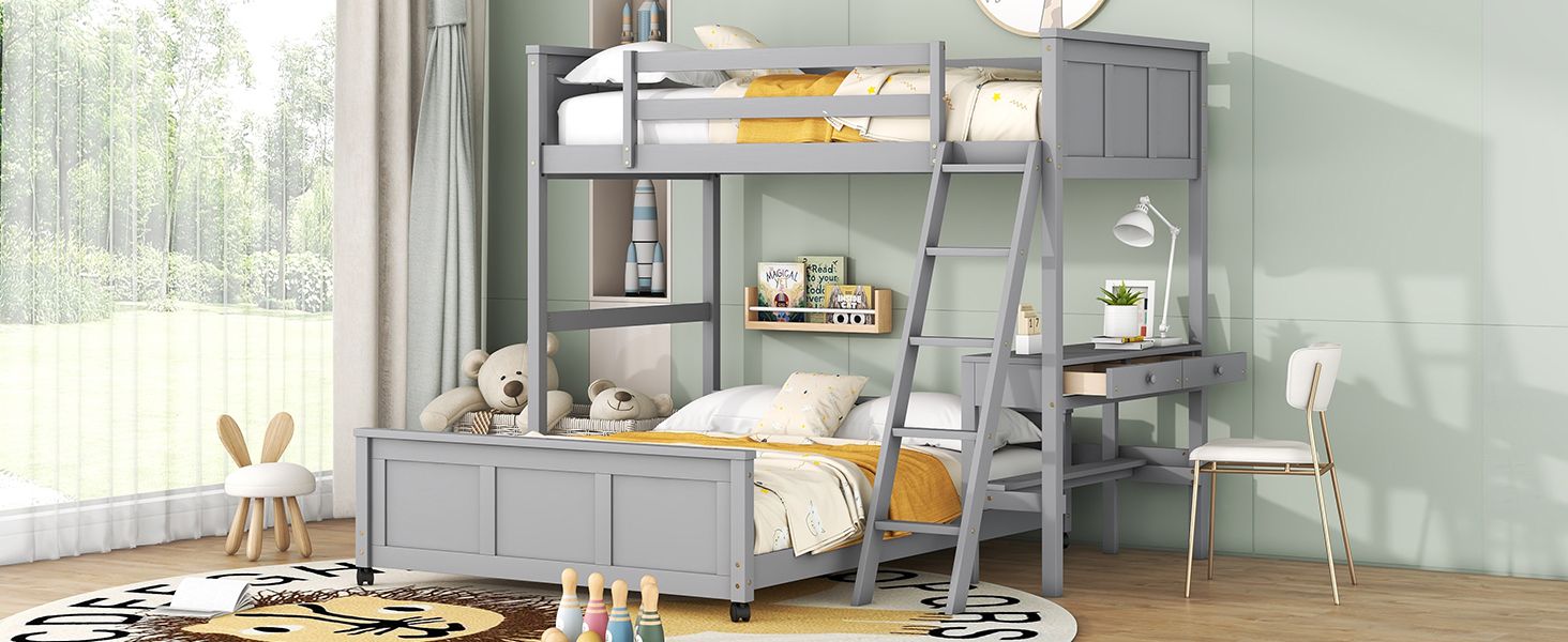 Twin Over Full Bunk Bed with Desk - Gray - Just Better Bunk Beds