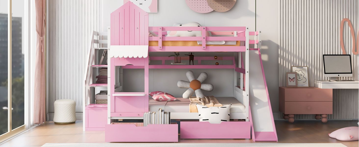 Full Bunk Bed with Slide & 2 Drawers - Pink - Just Better Bunk Beds