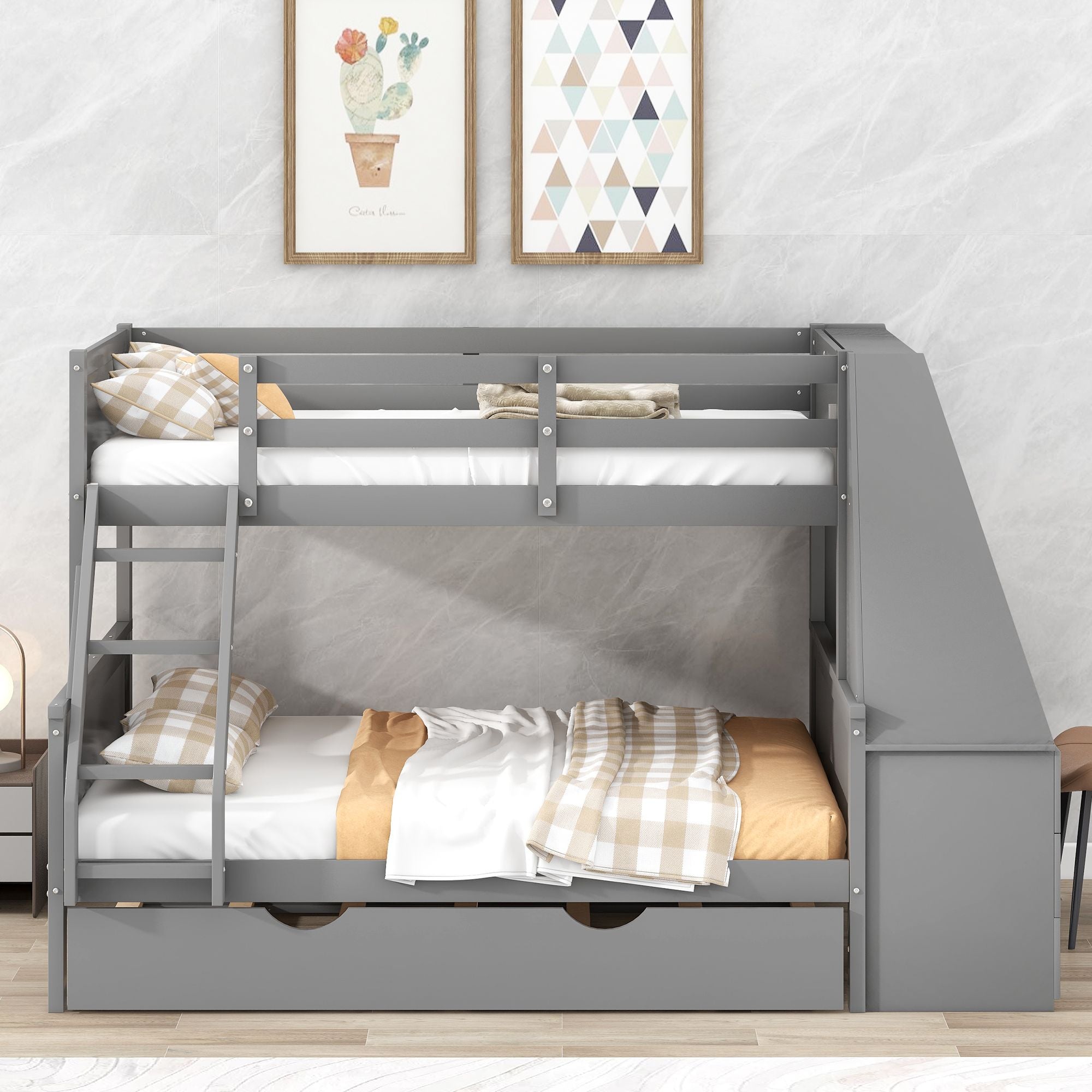 Twin over Full Bunk Bed with Trundle and Built-in Desk; Three Storage Drawers and Shelf