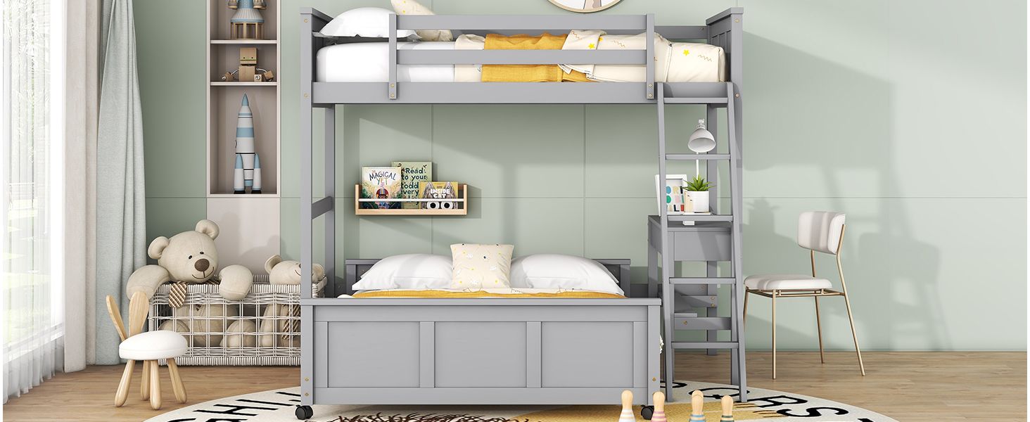Twin Over Full Bunk Bed with Desk - Gray - Just Better Bunk Beds