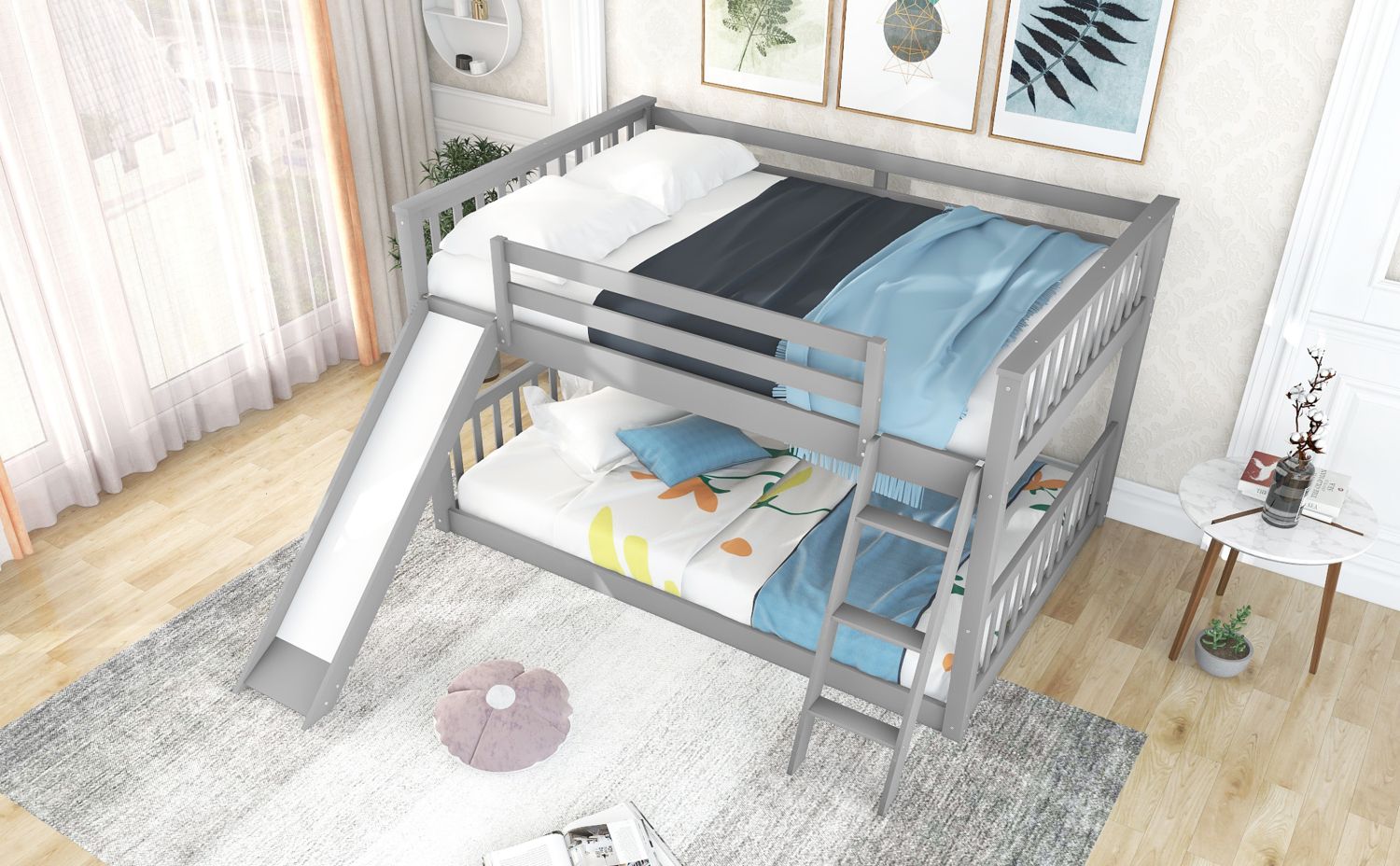 Full Over Full Bunk Bed with Slide & Ladder - Gray - Just Better Bunk Beds