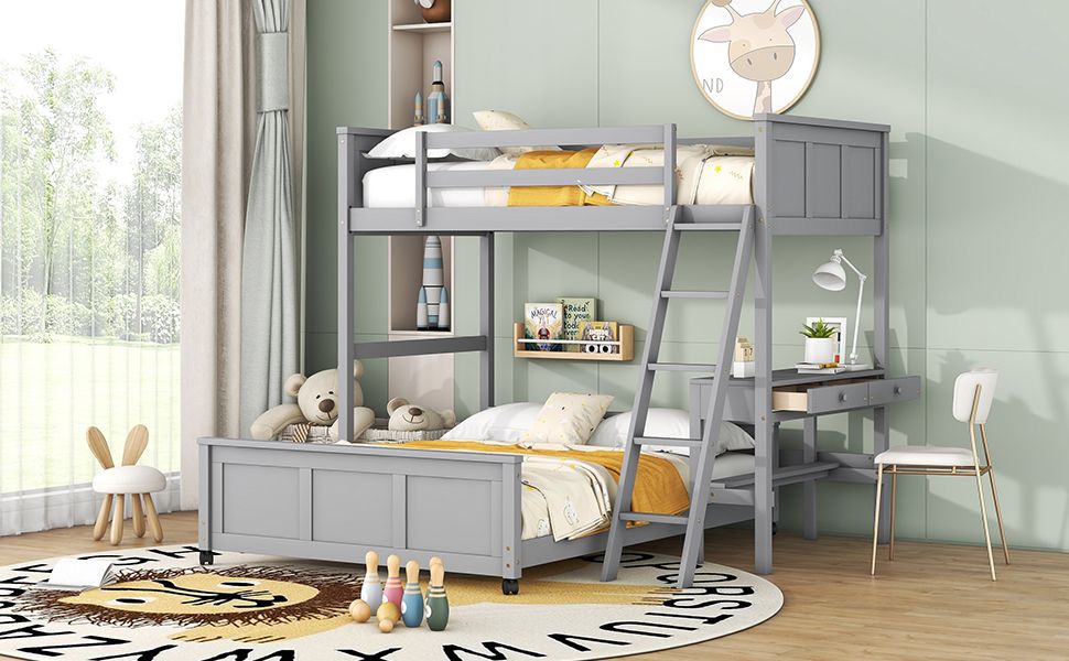 Twin Over Full Bunk Bed with Desk - Gray - Just Better Bunk Beds