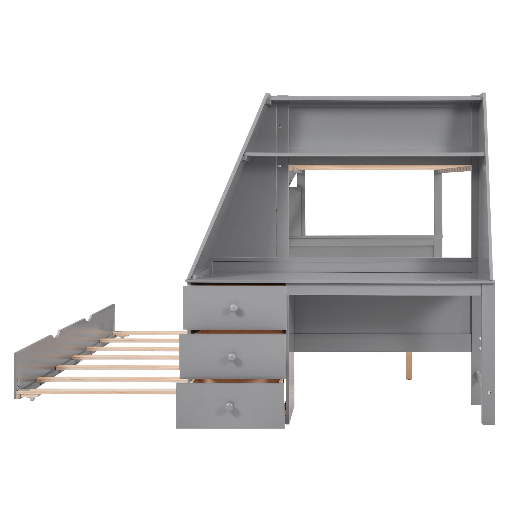 Twin over Full Bunk Bed with Trundle and Built-in Desk; Three Storage Drawers and Shelf