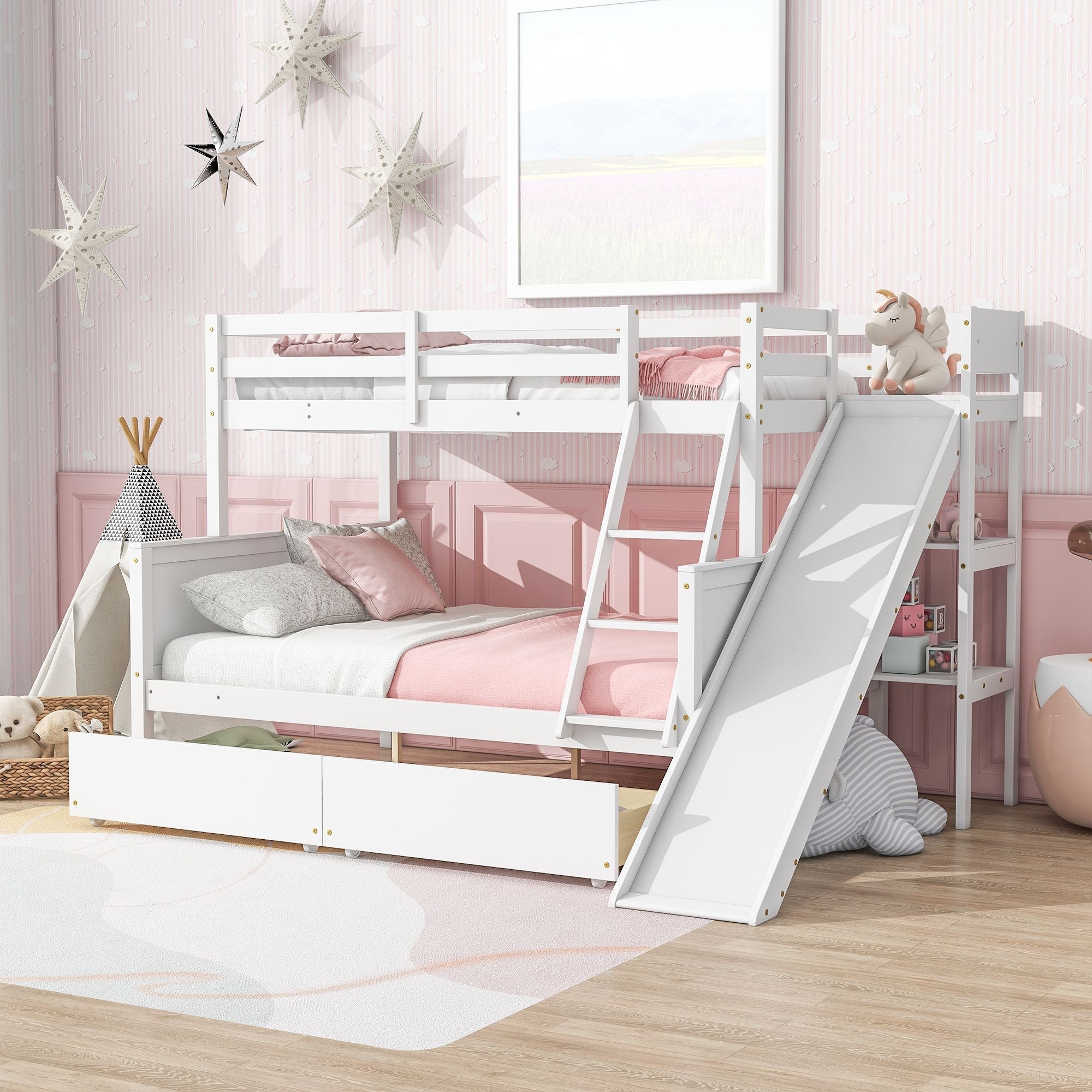 Twin Over Full Wood Bunk Bed with Slide, Ladder & 2 Drawers - Gray - Just Better Bunk Beds