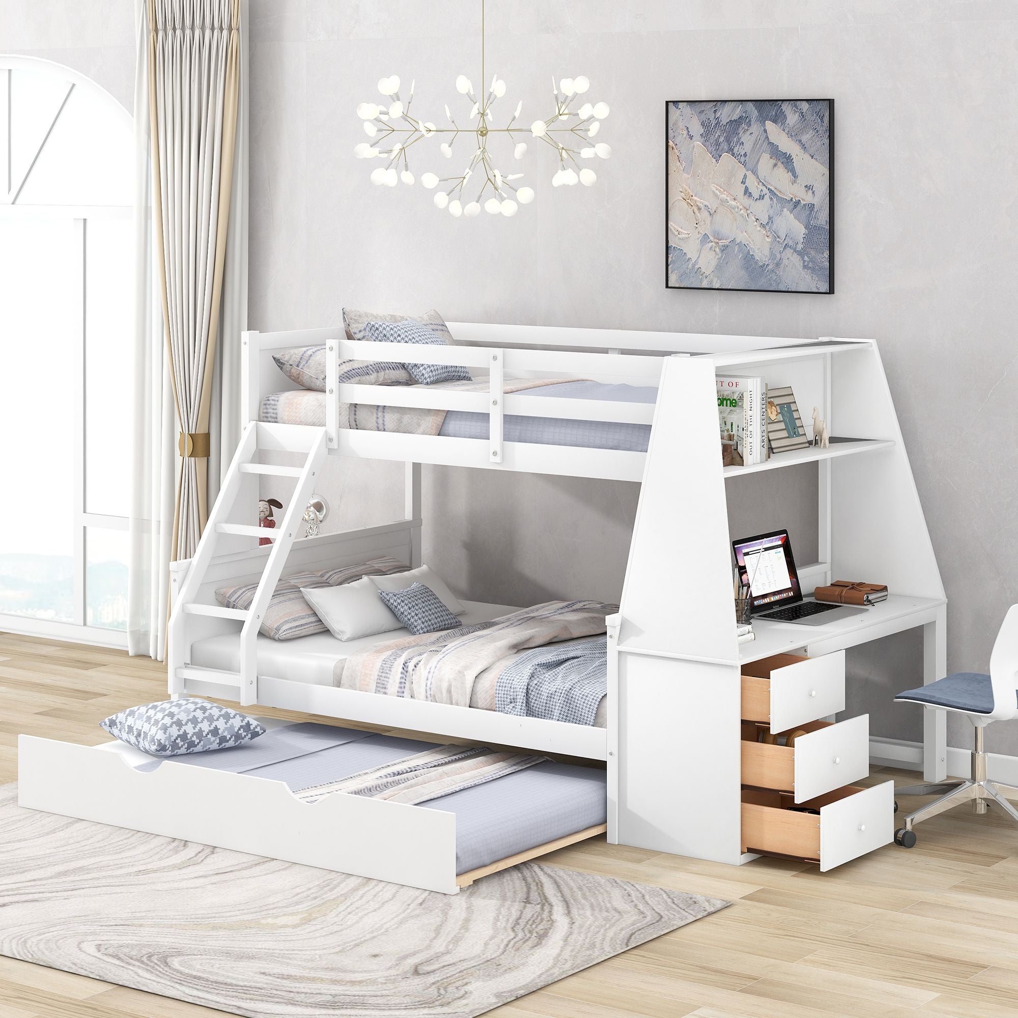 Twin over Full Bunk Bed with Trundle and Built-in Desk; Three Storage Drawers and Shelf