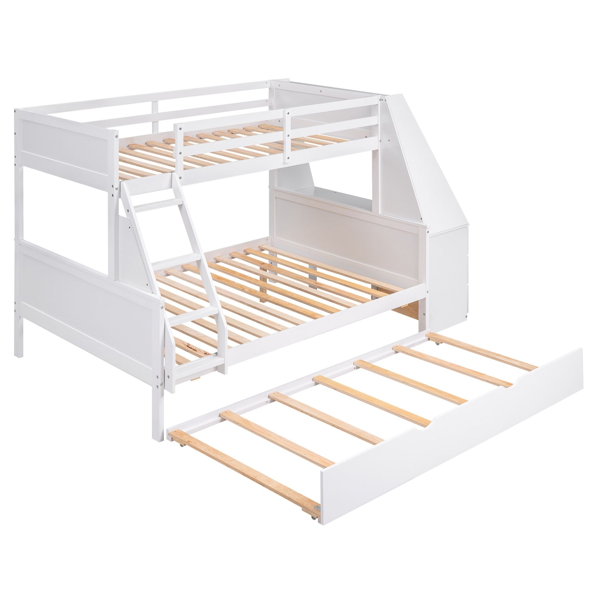 Twin over Full Bunk Bed with Trundle and Built-in Desk; Three Storage Drawers and Shelf