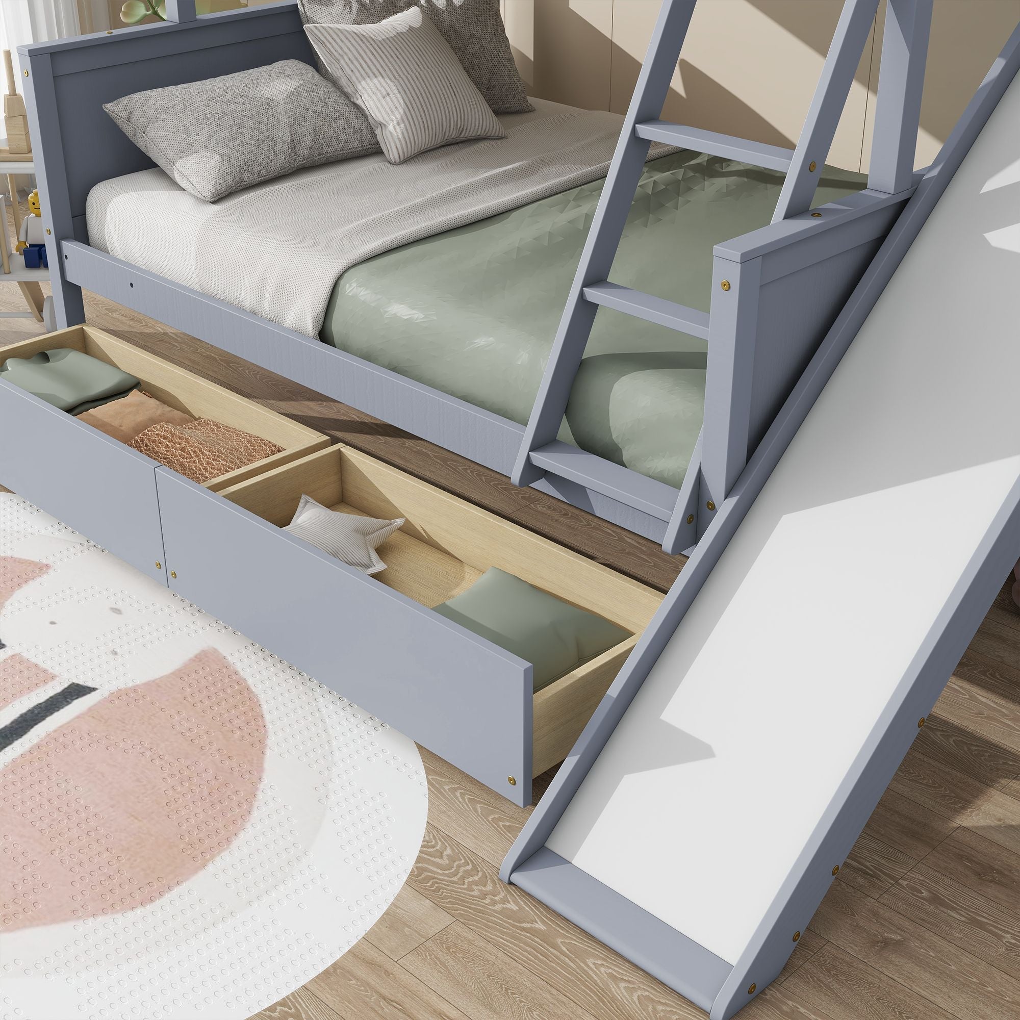 Twin Over Full Wood Bunk Bed with Slide, Ladder & 2 Drawers - Gray - Just Better Bunk Beds