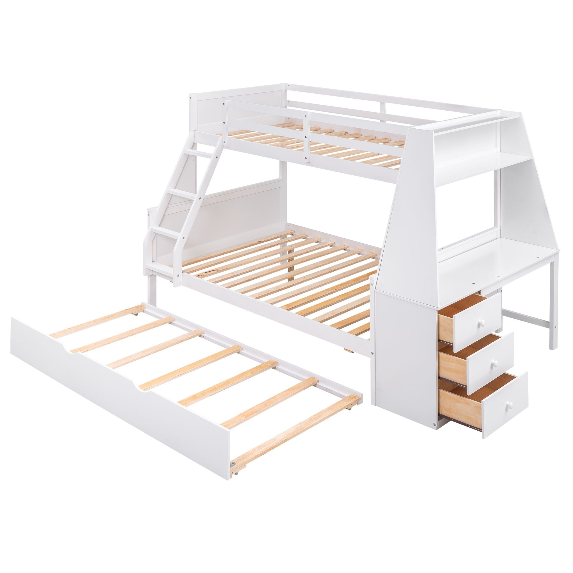 Twin over Full Bunk Bed with Trundle and Built-in Desk; Three Storage Drawers and Shelf