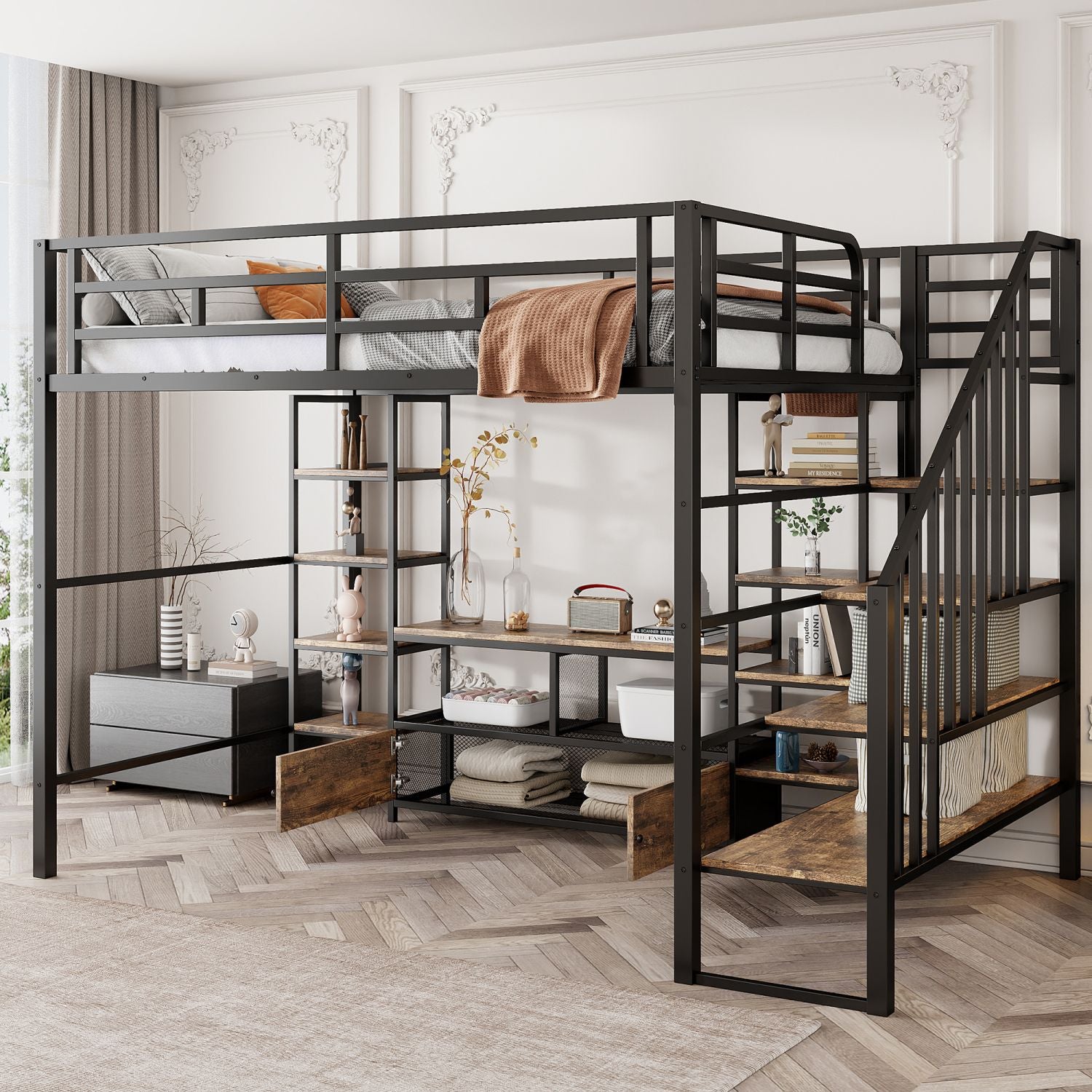 Full Metal Loft Bed with Storage Stairs - Black - Just Better Bunk Beds