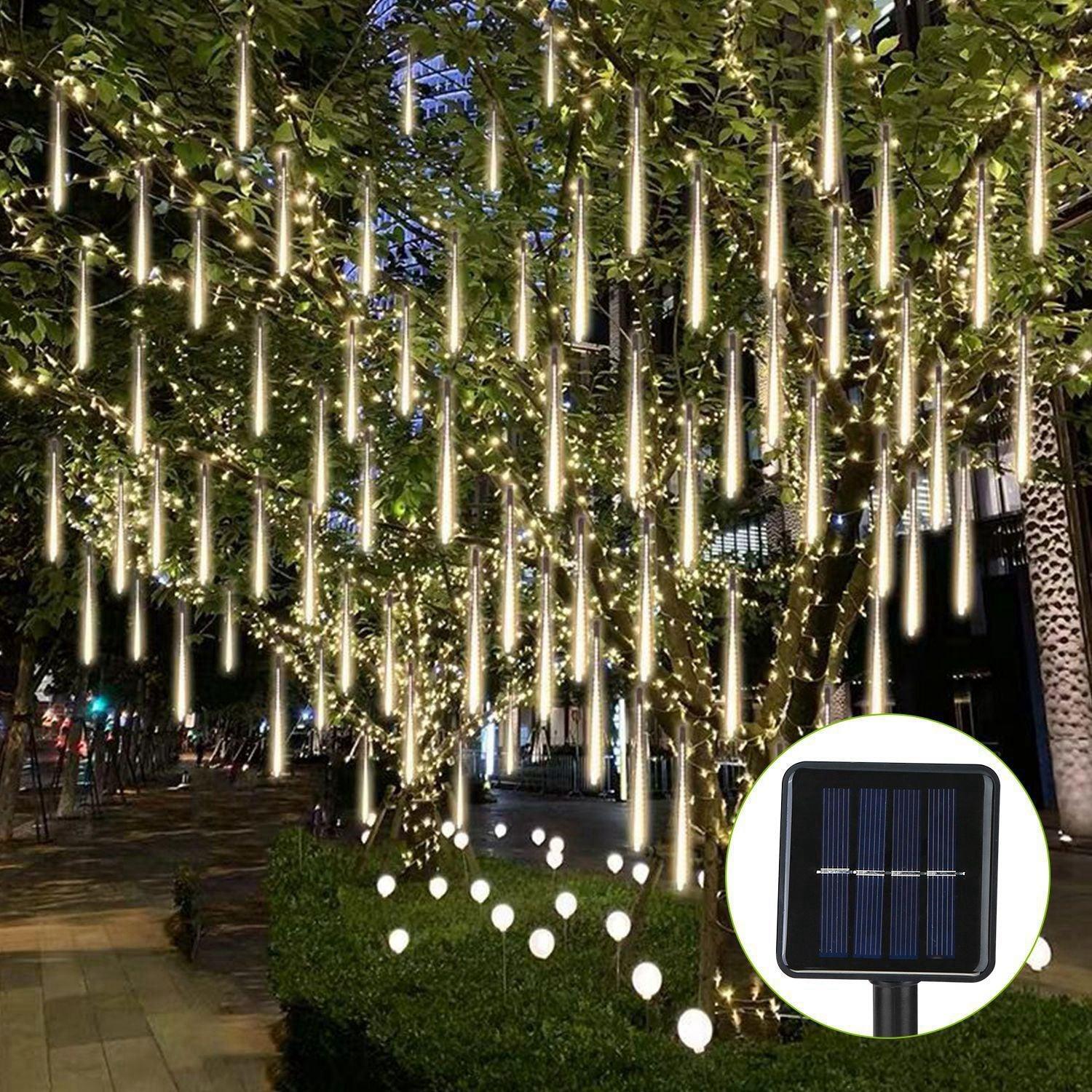 8 Pcs Solar Powered Meteor Shower String Lights 9.84FT Falling Raindrop Tube - PRHOMZ