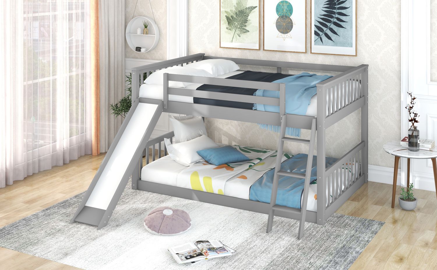 Full Over Full Bunk Bed with Slide & Ladder - Gray - Just Better Bunk Beds