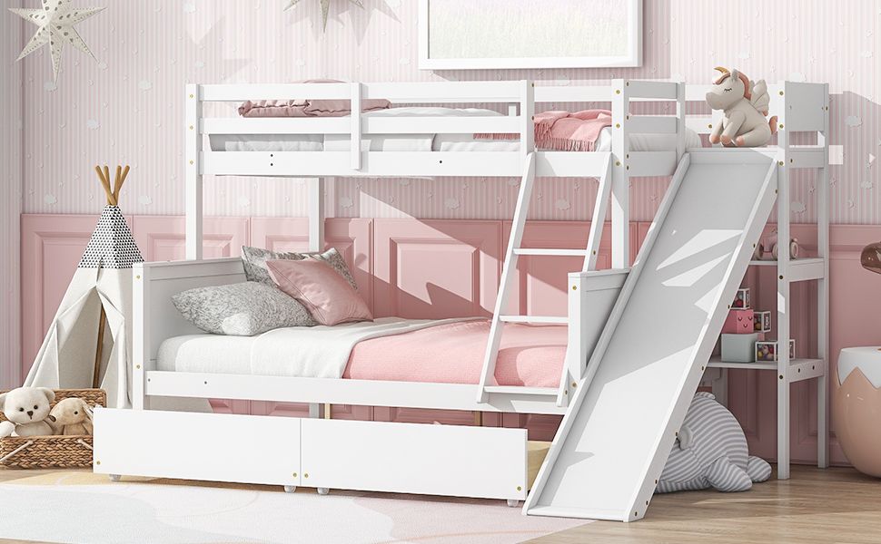 Twin Over Full Wood Bunk Bed with Slide, Ladder & 2 Drawers - Gray - Just Better Bunk Beds