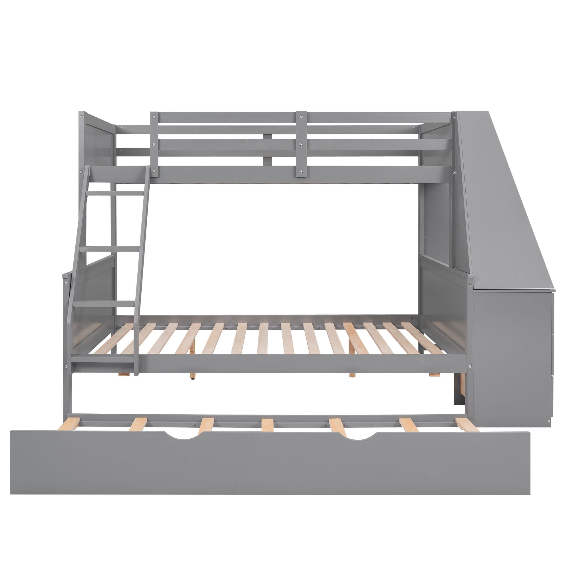 Twin over Full Bunk Bed with Trundle and Built-in Desk; Three Storage Drawers and Shelf